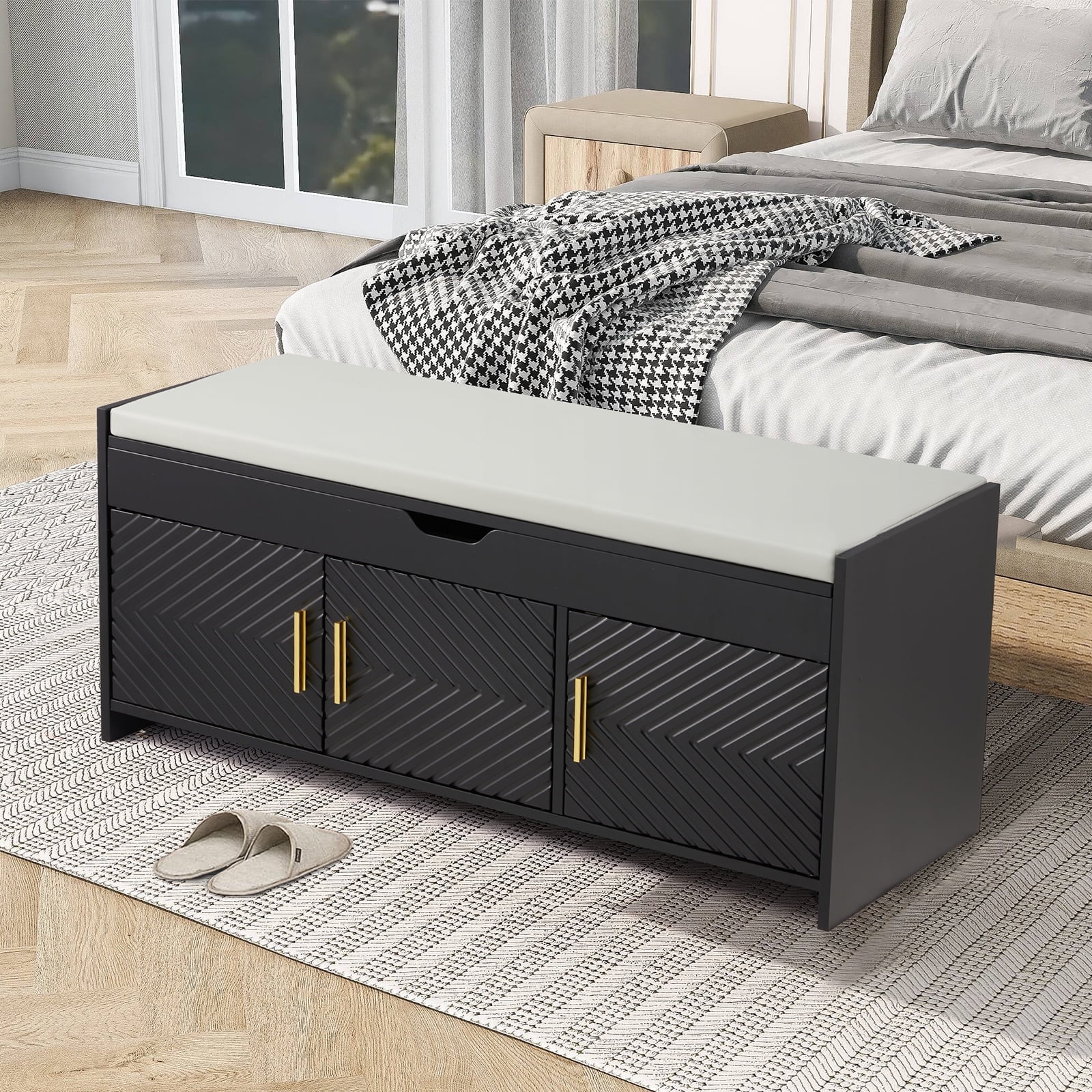 AVAWING Storage Bench, Shoe Bench with Lift Top Storage, Wooden Entryway Bench, Black