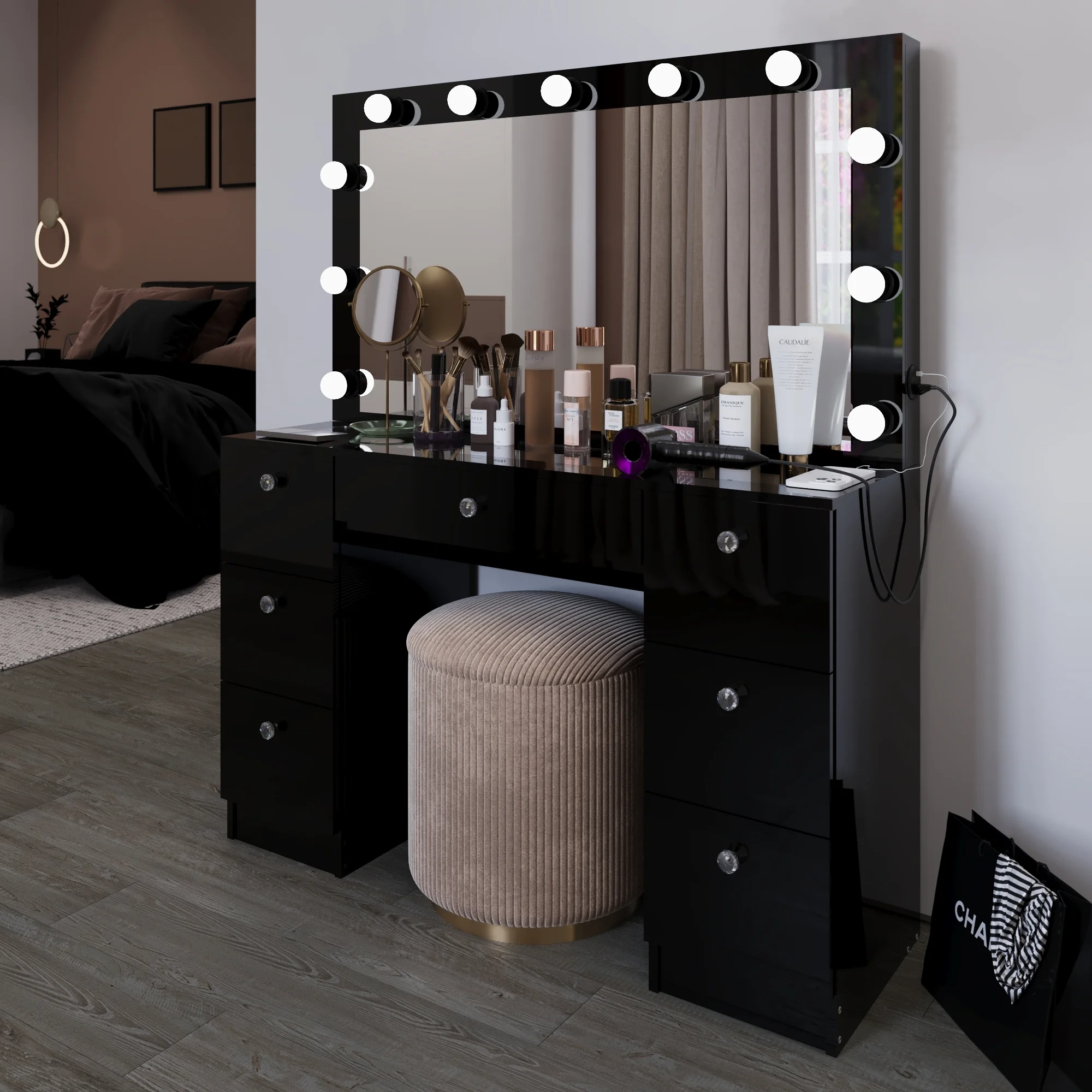 Ember Interiors Ibbie White Makeup Vanity with Glass Top, Lights, Charging Station