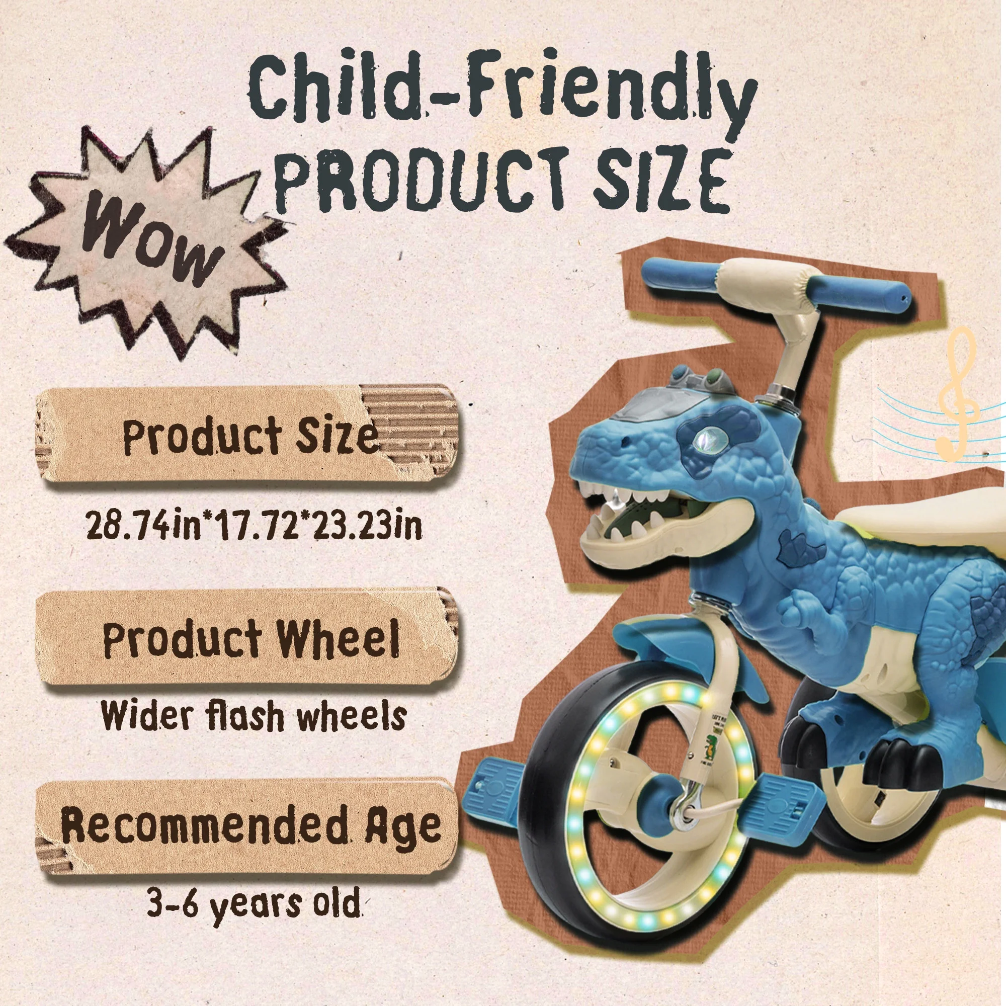 Xuanlur Kids Ride on Dinosaur Tricycle, Toddlers Kid Trike with Wide Flash Wheels, Anti-Slip Pedals, Rear Basket, Music & LED Lights, Toddler Bike Toys Gift for 3-6 Year Old Boys & Girls (Green)