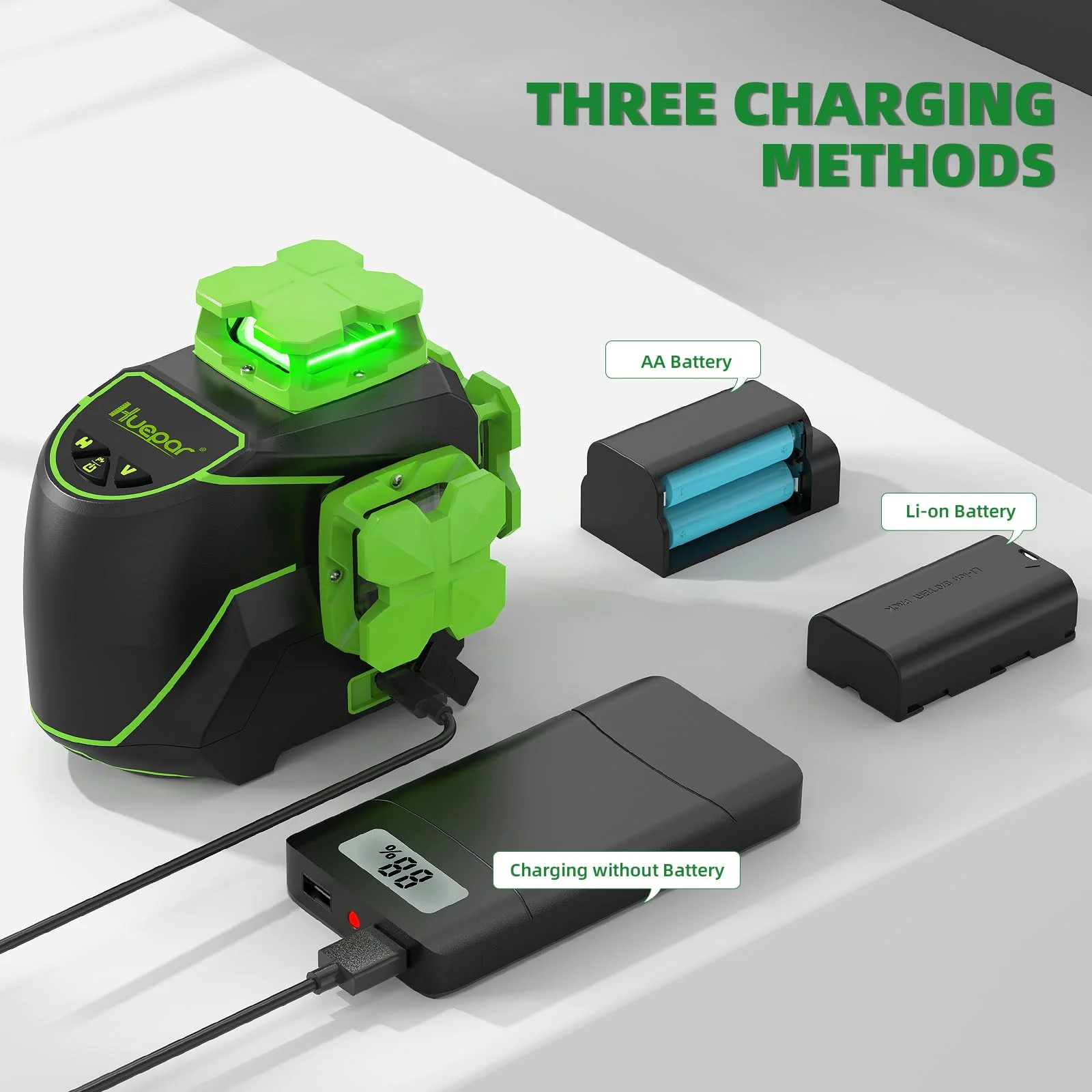 Huepar 3 x 360 Degree Cross Line Laser Level 3D Self-leveling Tiling Floor Green Beam Laser Leveler Tools with Li-ion Battery & Pivoting Base S03DG-L