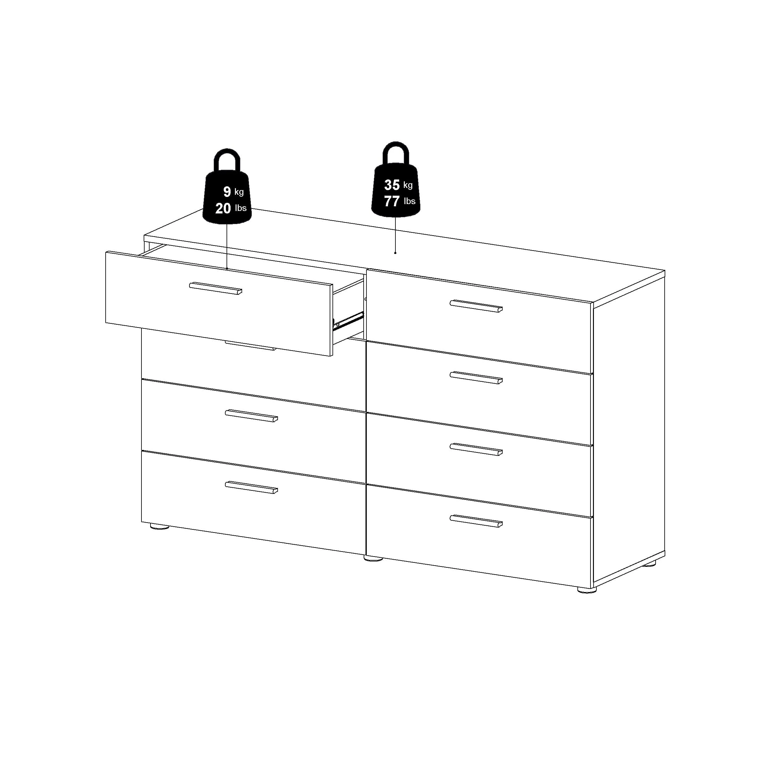Tvilum Loft 8 Drawer Double Dresser, White Woodgrain