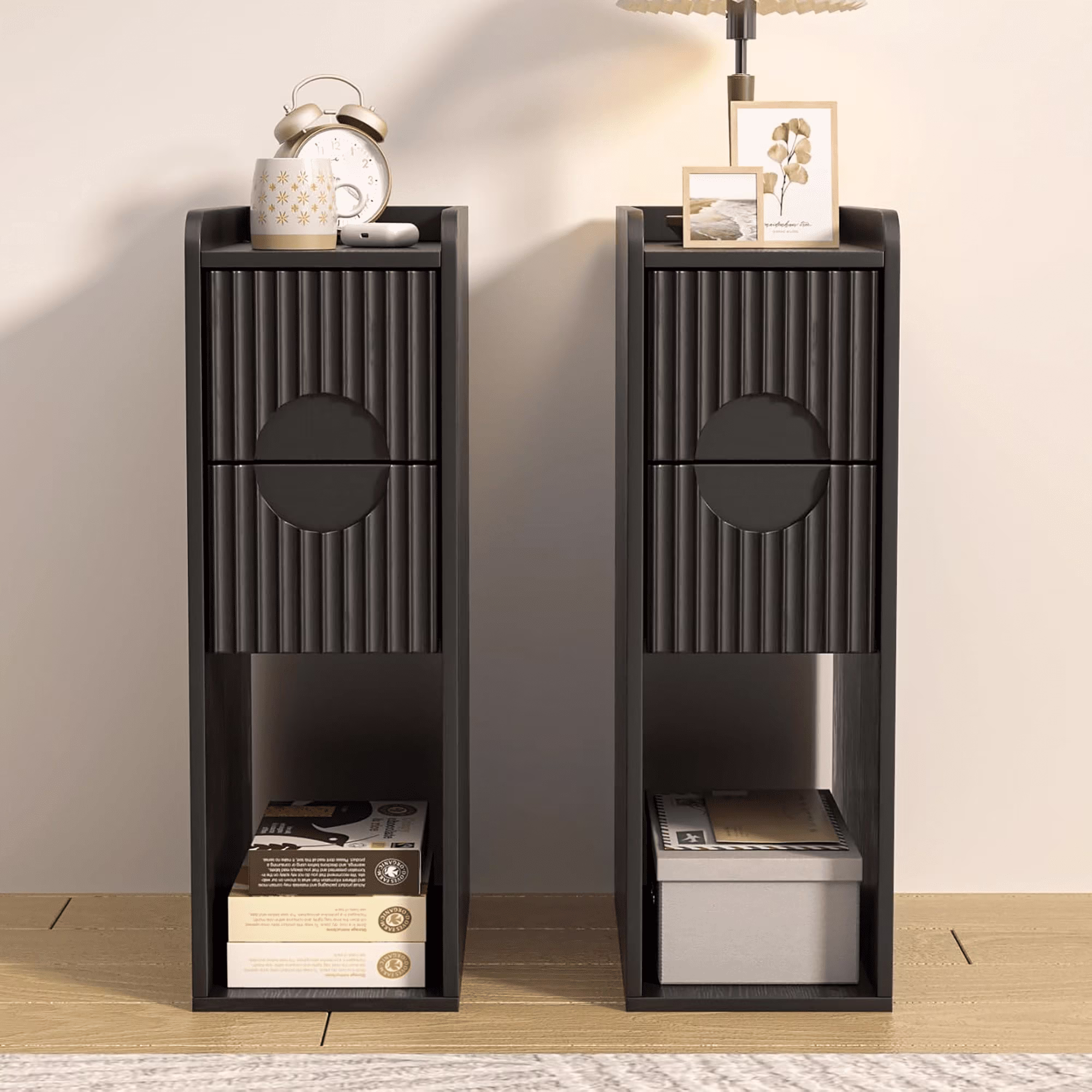Narrow Nightstand Set of 2 with Drawers, Fluted Slim Side End Table with Storage for Small Spaces