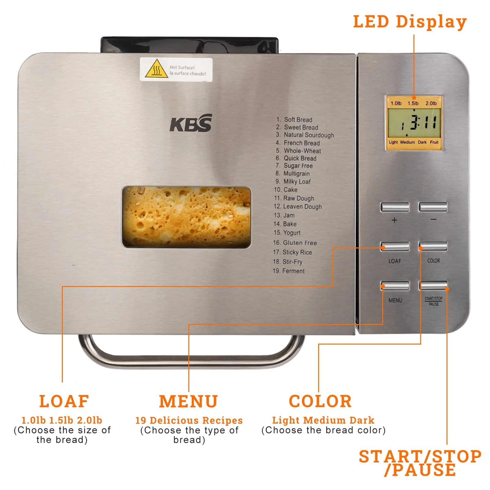 KBS 17-in-1 2LB Bread Maker Machine Fully Automatic LCD Display，Stainless Steel Model# 013