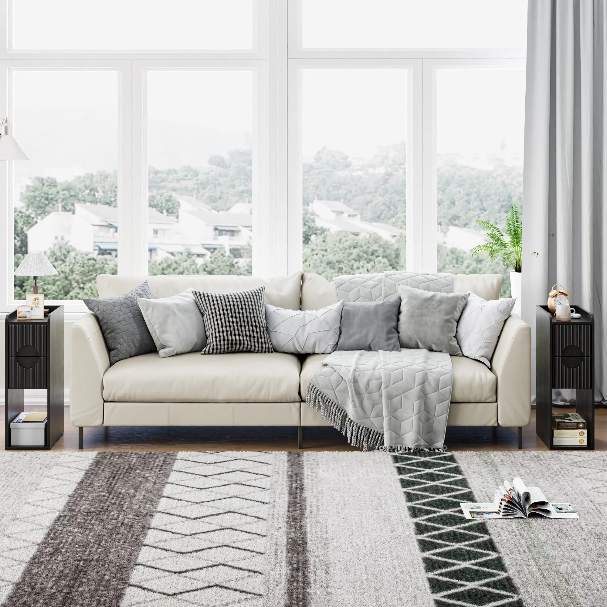 Narrow Nightstand Set of 2 with Drawers, Fluted Slim Side End Table with Storage for Small Spaces