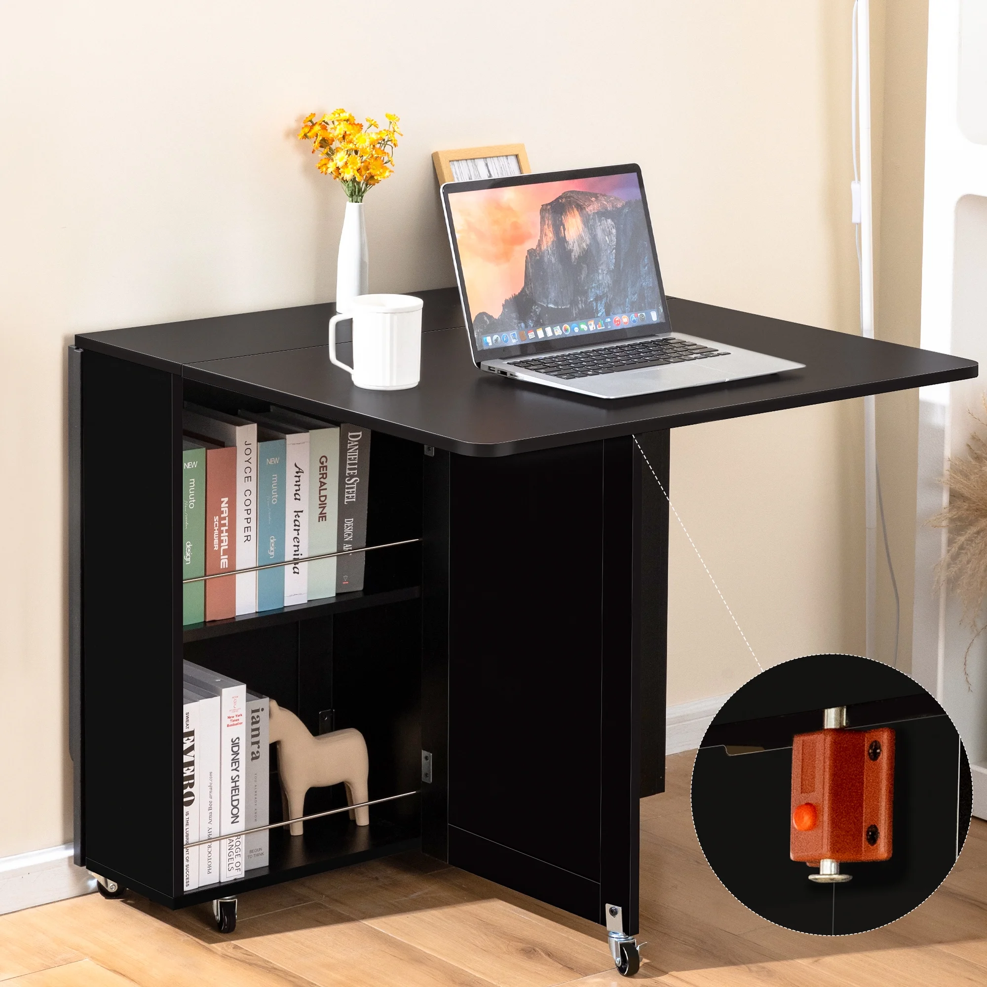 spanspace Folding Dining Table, Drop Leaf Dining Table with 6 Wheels and 2-Layer Storage Shelf, Space Saving Dining Table for Small Spaces,Folding Kitchen Table,White