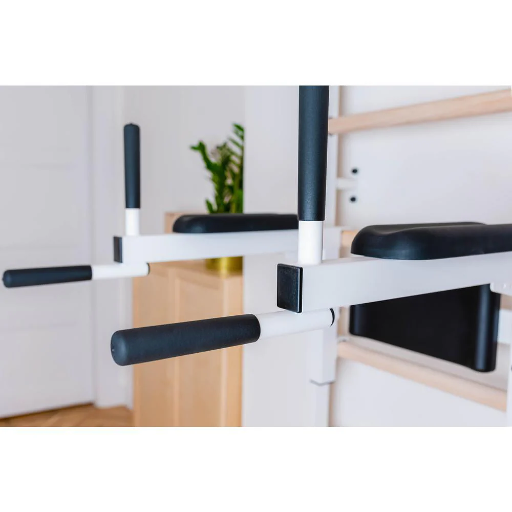 BenchK 733 White Wall bars with convertible steel 6-grip pull-up bar that can also be used as a barbell holder, dip bar with back support and advanced workout bench