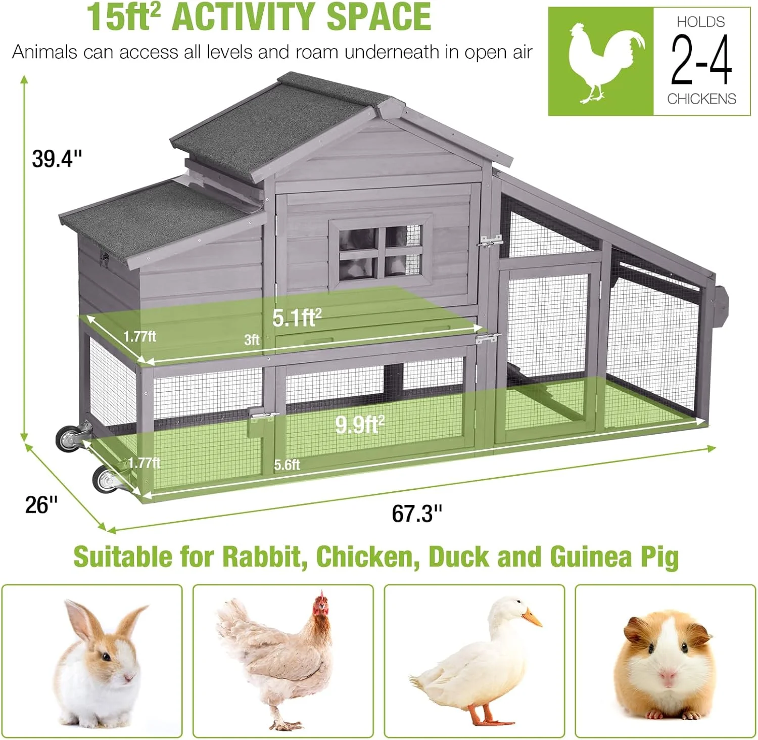 BUTINGLALE Chicken Coop Mobile Chicken House On Wheel Outdoor Rabbit Hutch for 2-4 Chickens 67