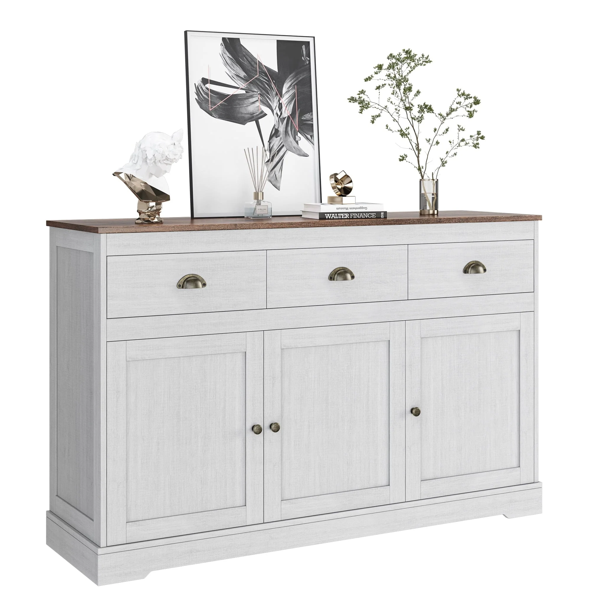 Homfa Sideboard Storage Cabinet with 3 Drawers & 3 Doors, 47.2'' Wide Buffet Cabinet for Dining Room, Antique White