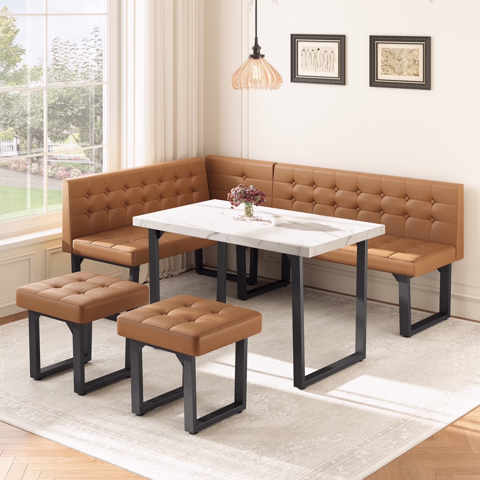 Brafab 5 Piece Corner Dining Breakfast Nook with Table and Bench Modern Kitchen Table Set with Gray Upholstered Banquette Seating