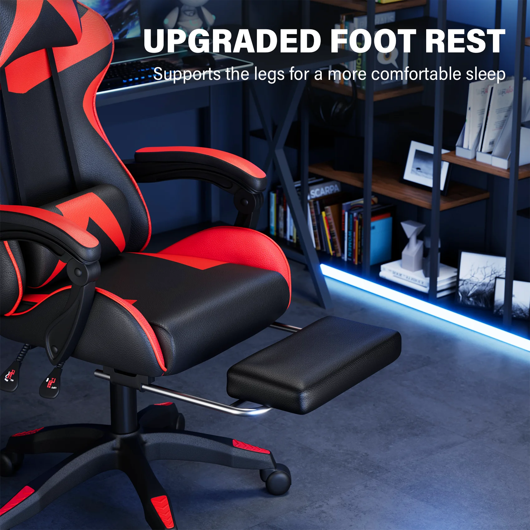 Mr IRONSTONE Office Gaming Chair with Footrest & Lumbar Support, Ergonomic Adjustable Computer Chair with Swivel Seat & Headrest, Blue