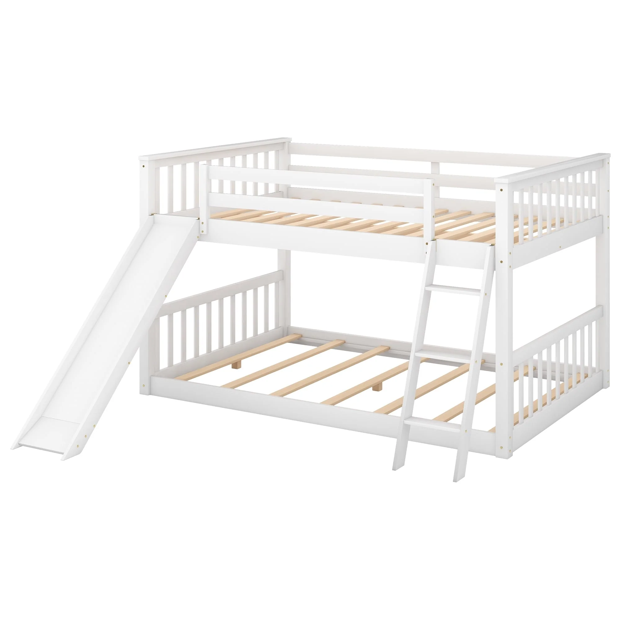 Euroco Full over Full Floor Bunk Bed with Slide and Ladder for Kids Bedroom, White