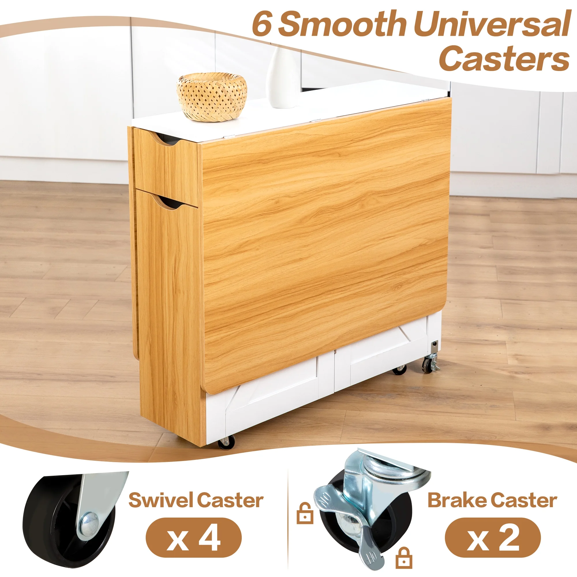 spanspace Folding Dining Table, Drop Leaf Dining Table with 6 Wheels and 2-Layer Storage Shelf, Space Saving Dining Table for Small Spaces,Folding Kitchen Table,White