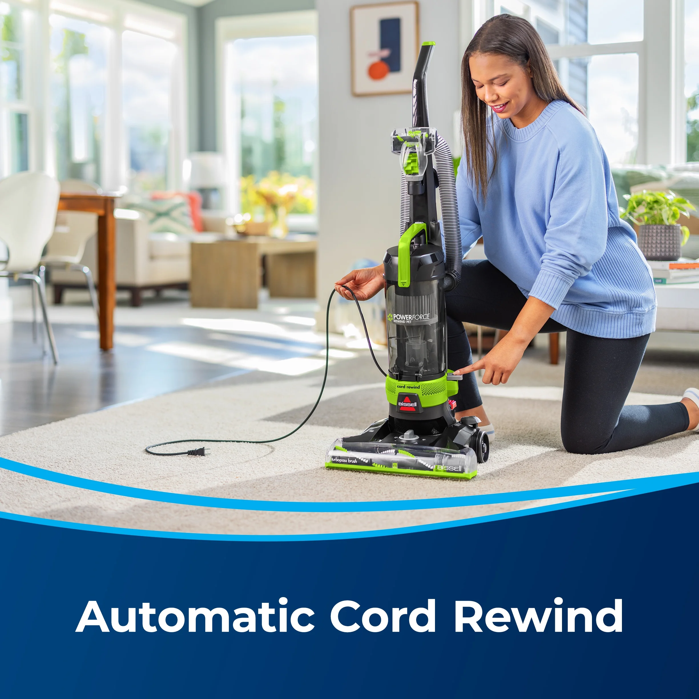 BISSELL PowerForce Helix Turbo Rewind Pet, Upright Vacuum, Pet Friendly, Automatic Cord Rewind, Powerful Pet Hair Pickup, Extra-Wide Cleaning Path, 3333, Black & Green