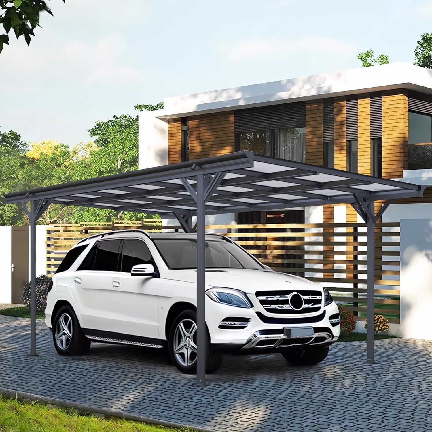 JINSEED 10 x 16ft Metal Carport with Heavy Duty Metal Frame & Pitched-Roof Polycarbonate Panel Canopy, Multi-Purpose Shelter for Car, Truck, SUV, Tractor, and Boat,Gray