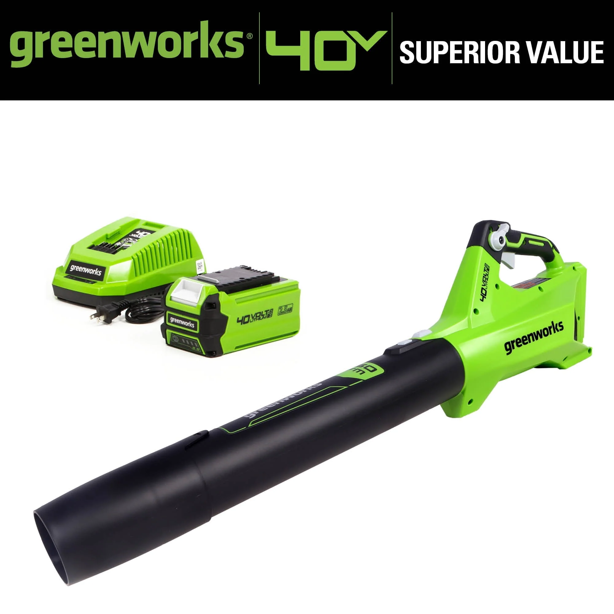 Greenworks 40V (120 mph / 450 cfm) Axial Blower, 2.5Ah Battery and Charger
