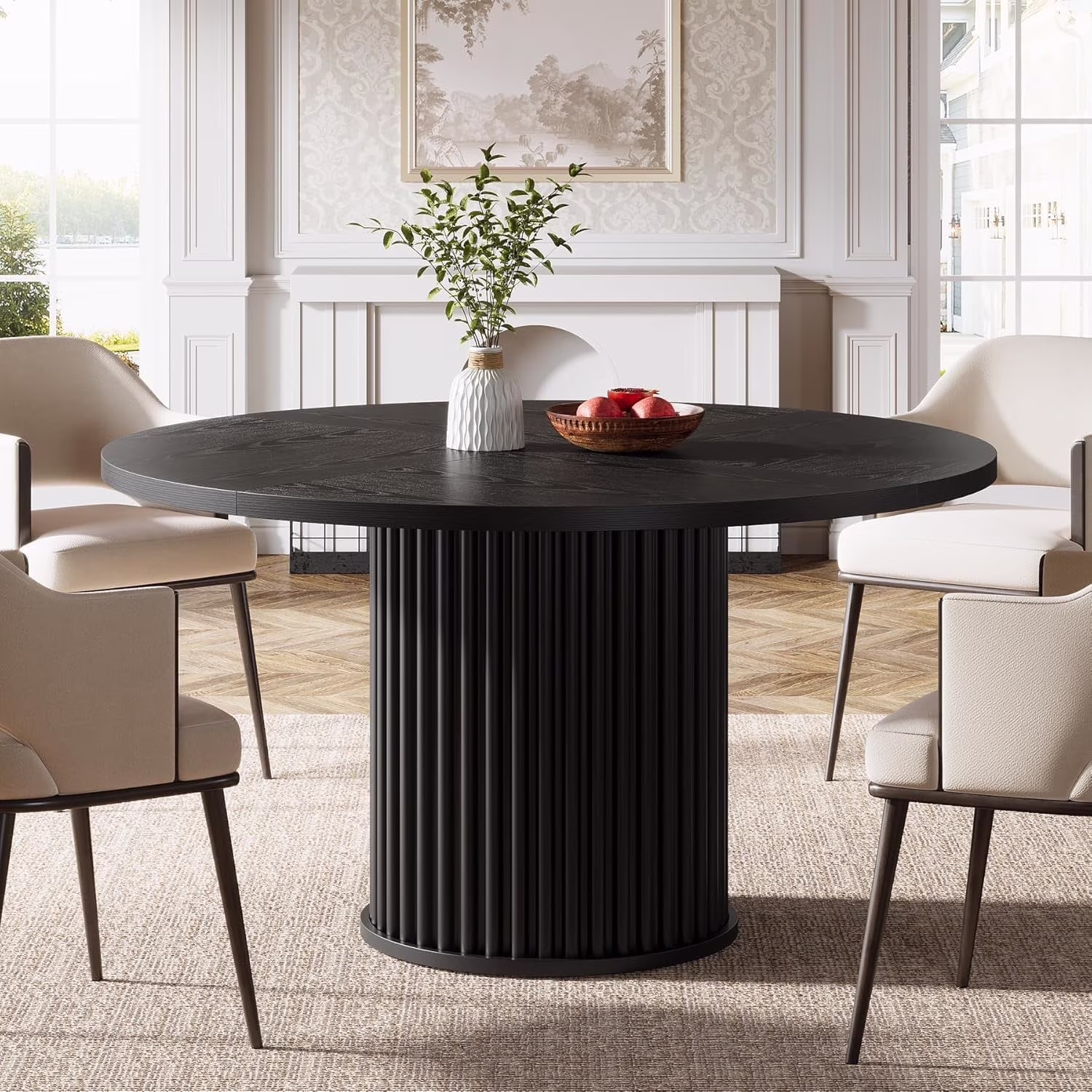 Tribesigns Black Round Dining Table for 4-6 People, 47.24-Inch Circle Wood Kitchen Table with Sturdy Fluted Metal Base, Modern Dining Room Furniture