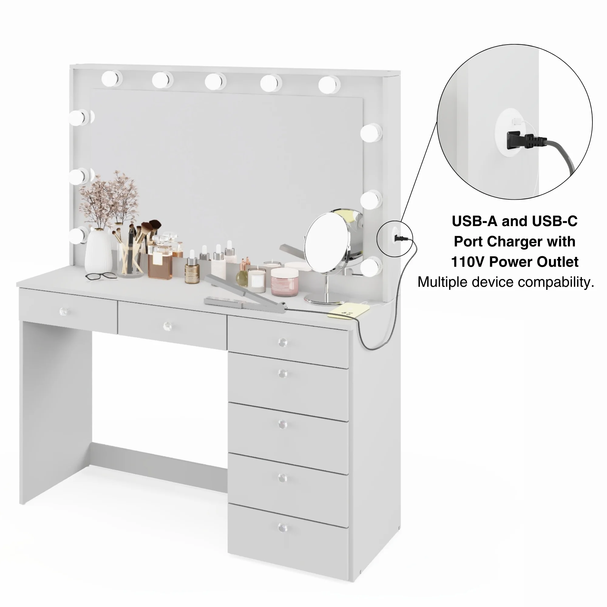 Boahaus GRWM Diana White Makeup Vanity with 7 Drawers, Mirror, Lights & Charging Station