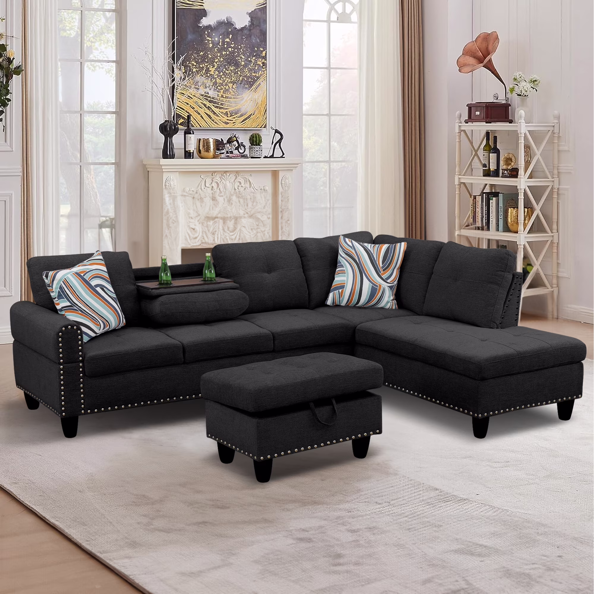Aukfa 3 Piece Sectional Sofa, Living Room Couch with Storage Ottoman&Cup Holder, Linen, Left Hand, Black Gray