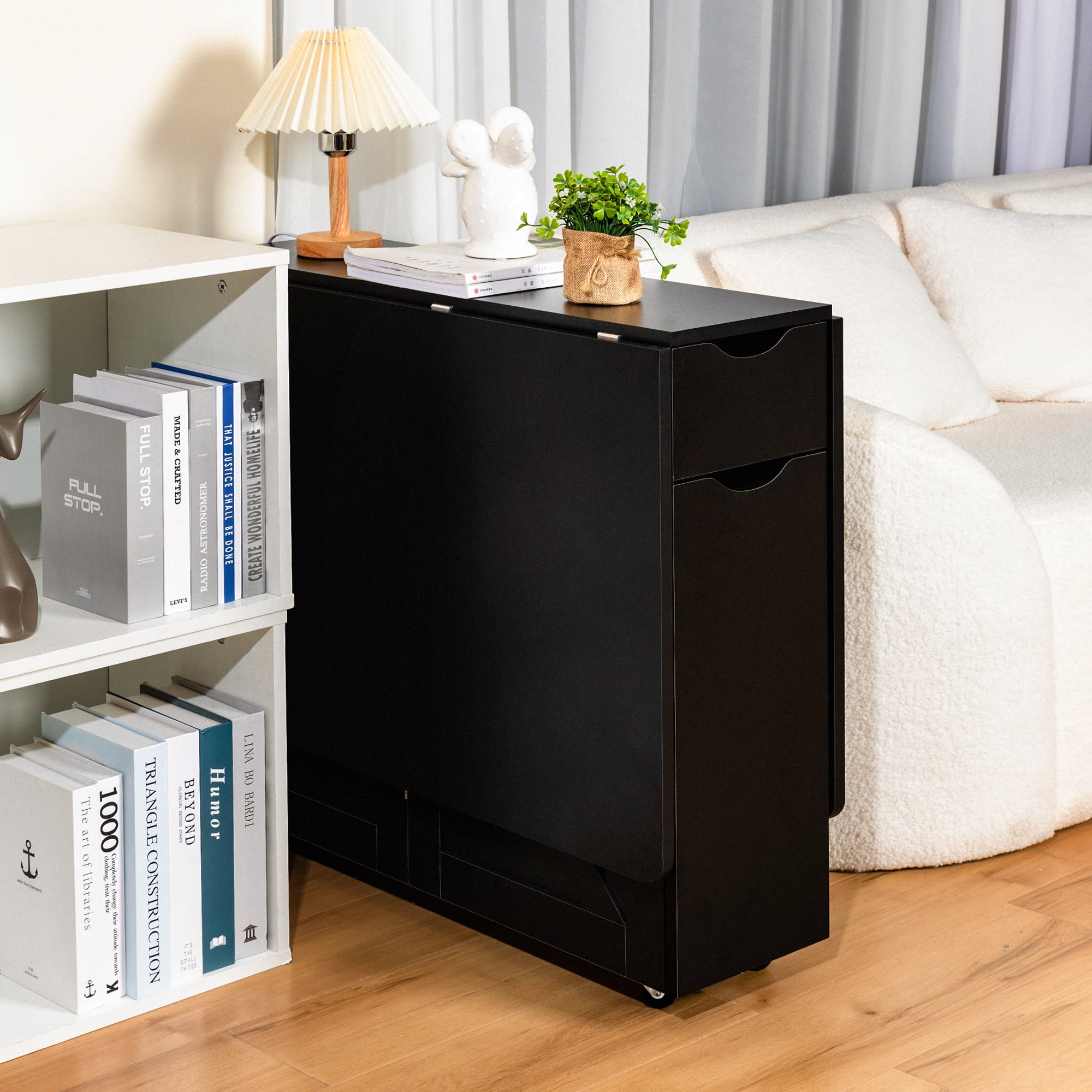 spanspace Folding Dining Table, Drop Leaf Dining Table with 6 Wheels and 2-Layer Storage Shelf, Space Saving Dining Table for Small Spaces,Folding Kitchen Table,White