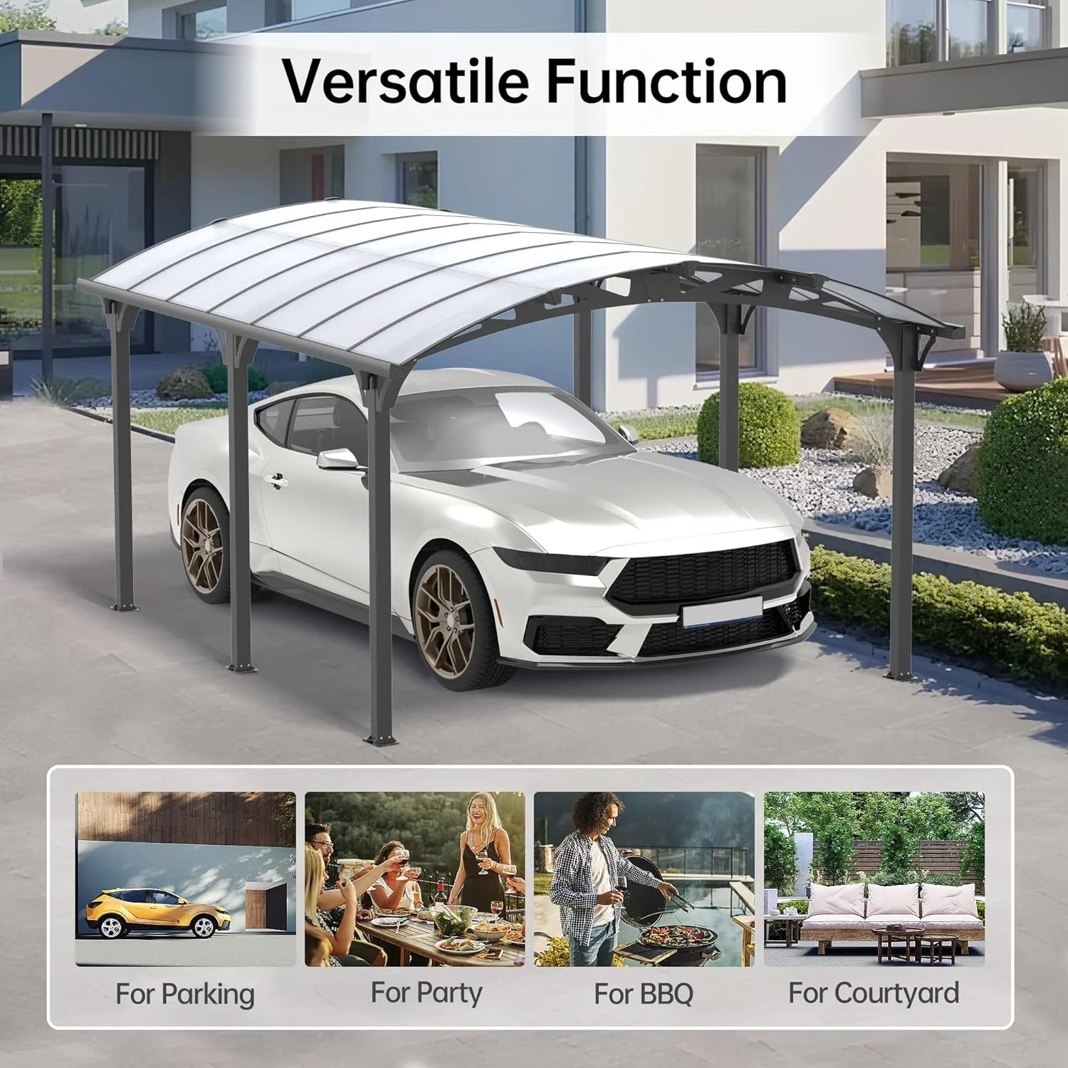JINSEED 10 x 16ft Metal Carport with Heavy Duty Metal Frame & Pitched-Roof Polycarbonate Panel Canopy, Multi-Purpose Shelter for Car, Truck, SUV, Tractor, and Boat,Gray