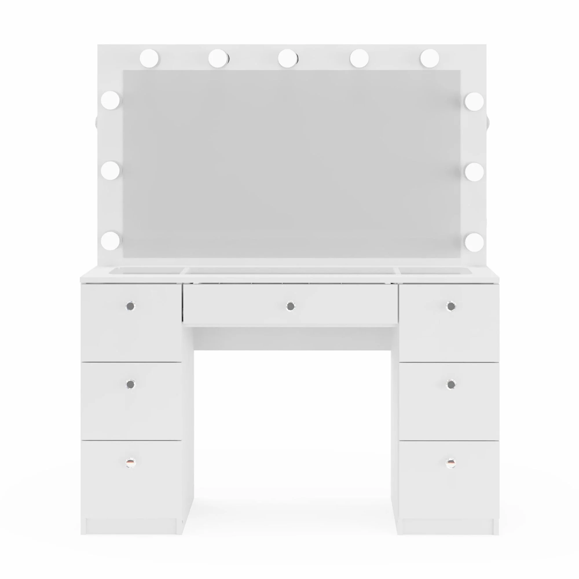 Ember Interiors Ibbie White Makeup Vanity with Glass Top, Lights, Charging Station