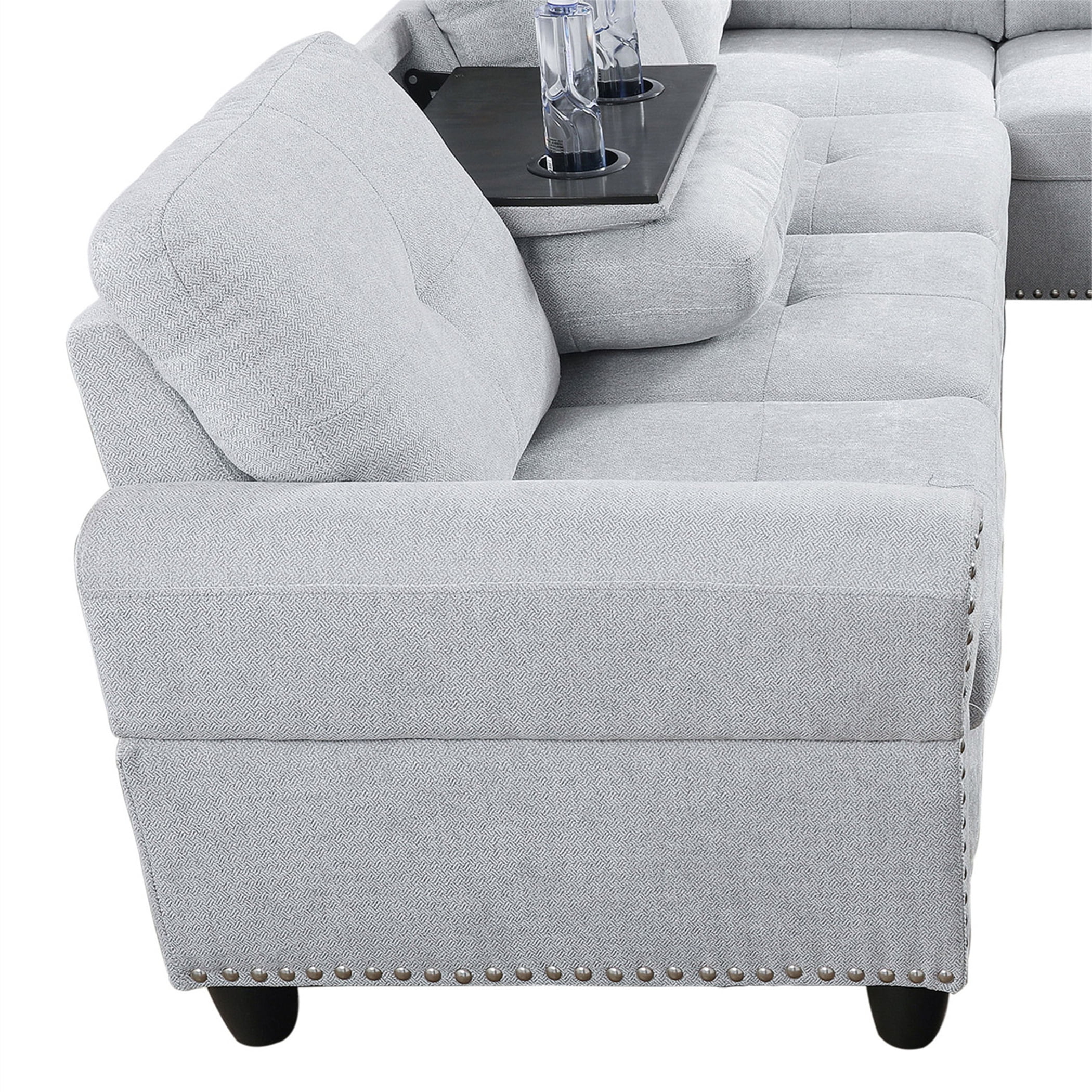 Aukfa 3 Piece Sectional Sofa, Living Room Couch with Storage Ottoman&Cup Holder, Linen, Left Hand, Black Gray