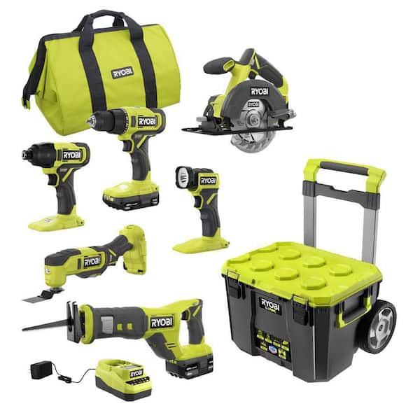 ONE+ 18V Cordless 6-Tool Combo Kit with 1.5 Ah Battery, 4.0 Ah Battery, Charger, and LINK Rolling Tool Box