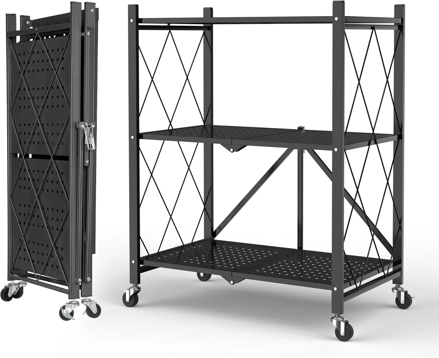 Foldable 4-Tier Storage Shelves with Wheels, No Assembly Bookshelf, Heavy Duty Kitchen Racks and Shelves, Rolling Microwave Cart, White