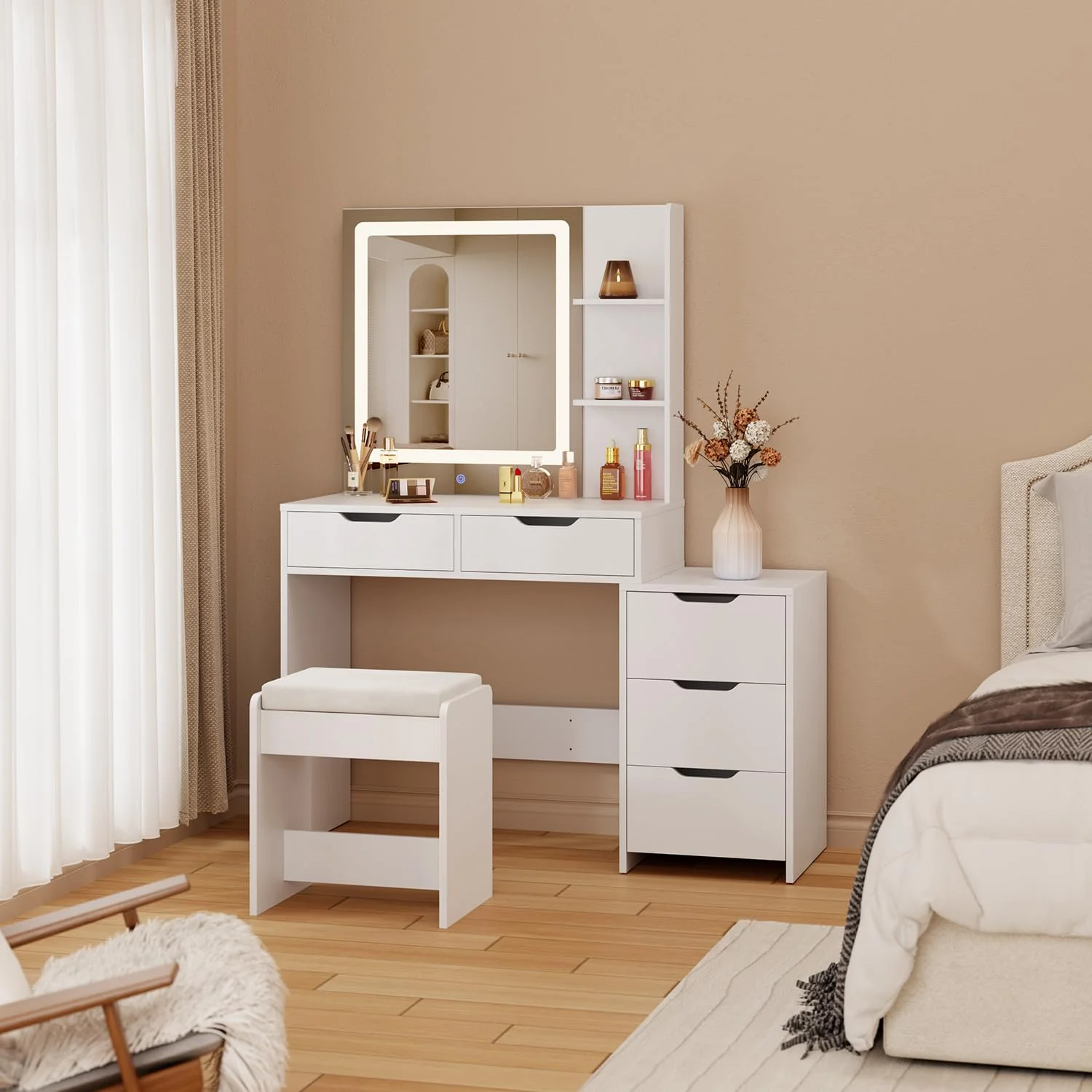 Bedroom Furniture Set,Lofka Queen Bed Frame, 2 Wood 4 Drawer Dressers &Vanity Desk with Table, Mirror and Lights for Large Bedrooms