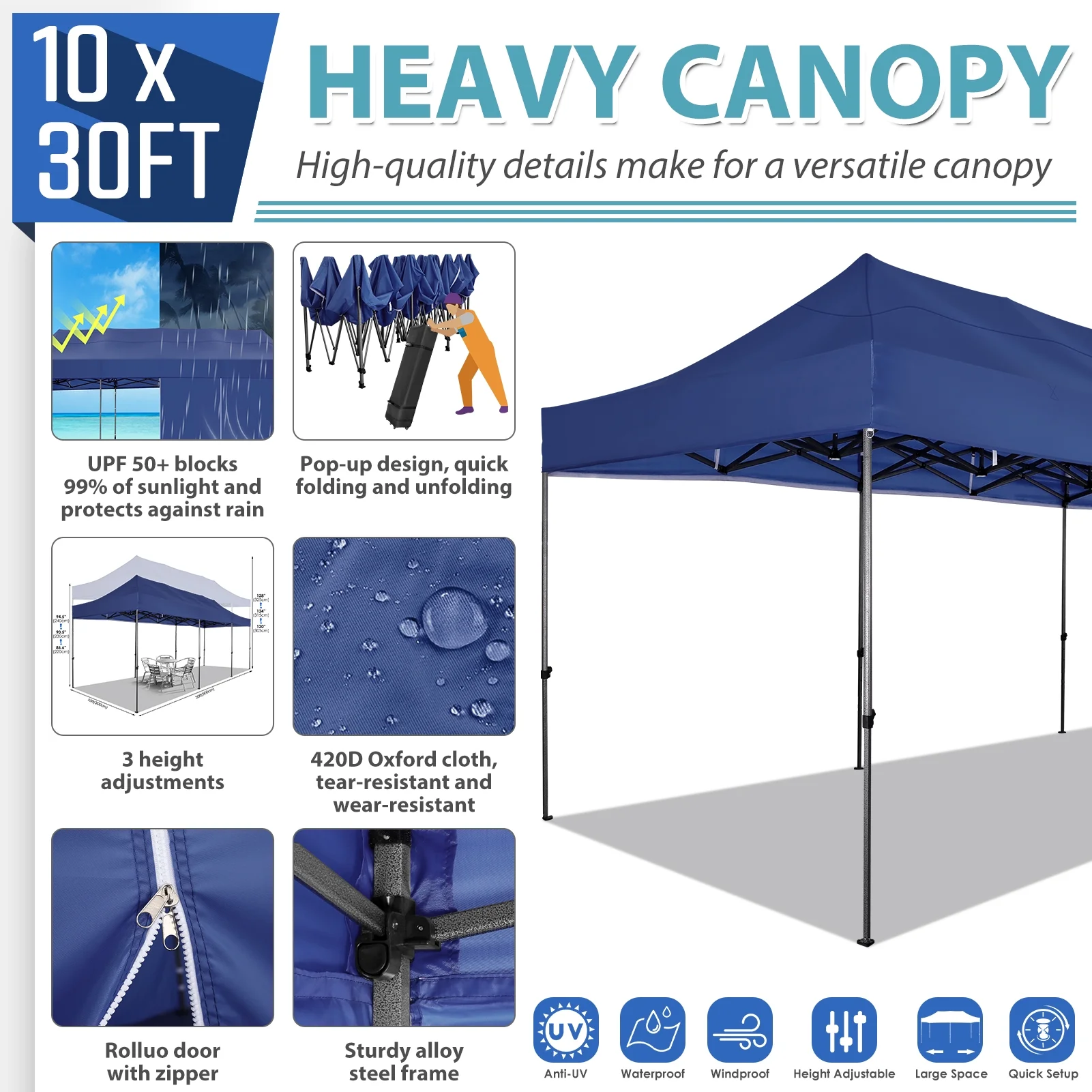 SANOPY 10'x30' Canopy Heavy Duty Pop Up Canopy Tent Outdoor Gazebo Shelter Portable Instant Commercial Wedding Party Tent with 8 Removable Sidewalls&3 Heigh Adjustable&Roller Bag,Dark Blue