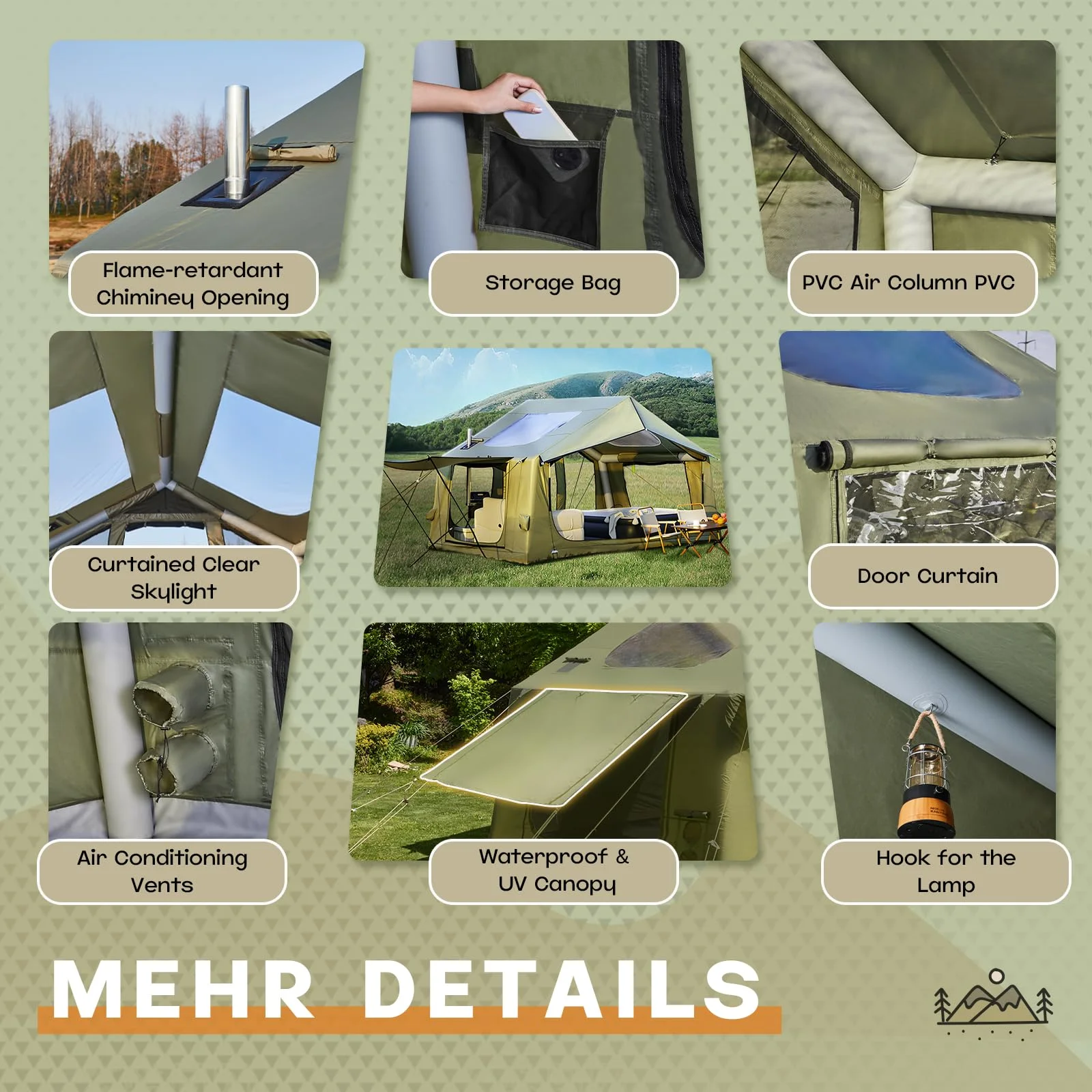 Yoleny 12'x8' Inflatable Tent, 96 SFT Blow Up Tent for Camping, 4 Season Oxford Glamping Tents with Clear Skylight, Pump & Stove Jack