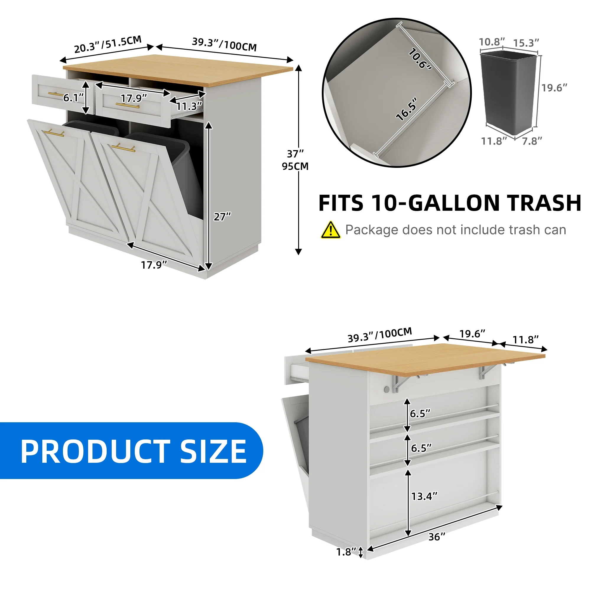 DEXTRUS Kitchen Island Cart with Drop Leaf & Power Outlets, Kitchen Island with 2 Trash Can Cabinets & Storage Shelves, Black