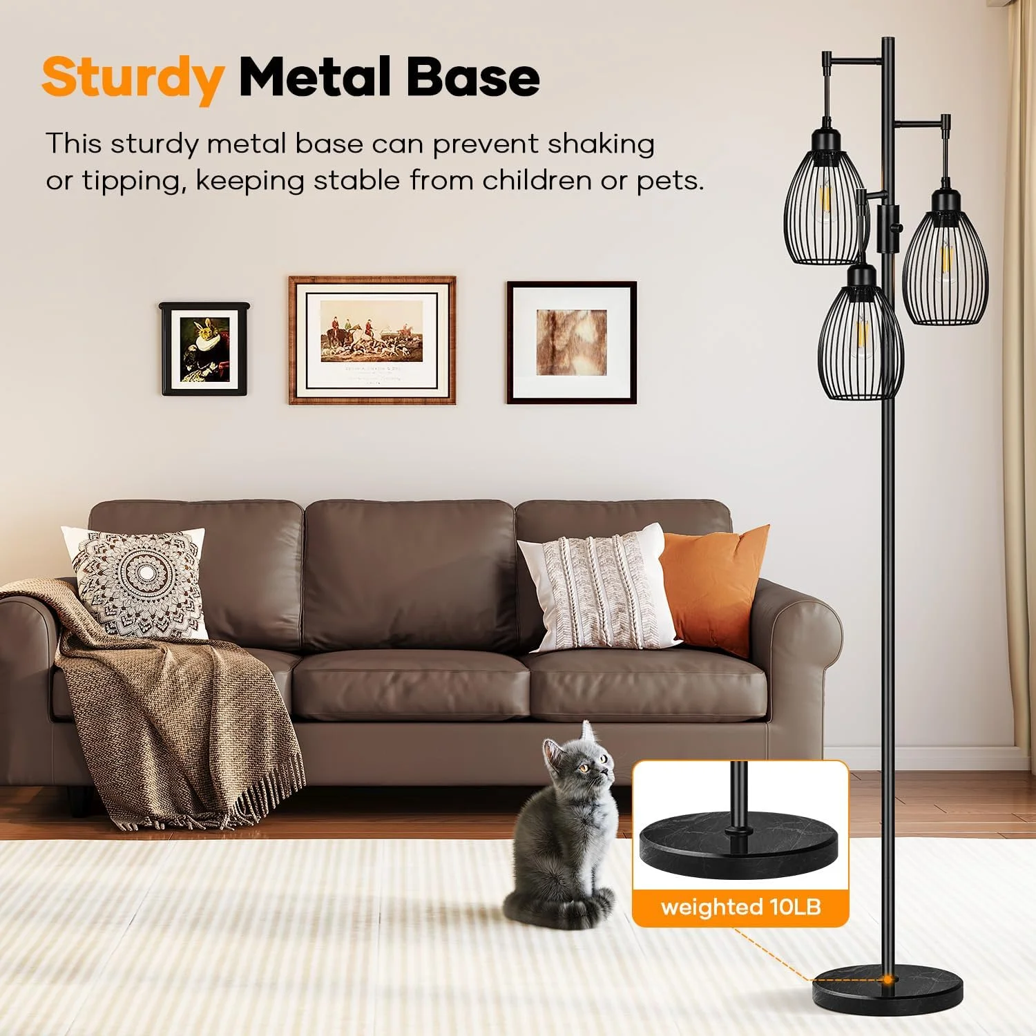 Dimmable Floor Lamp, 3 x 800LM LED Edison Bulbs Included, Farmhouse Industrial Floor Lamp Standing Tree Lamp with Elegant Teardrop Cage Tall Lamps for Living Room Bedroom Office Dining Room