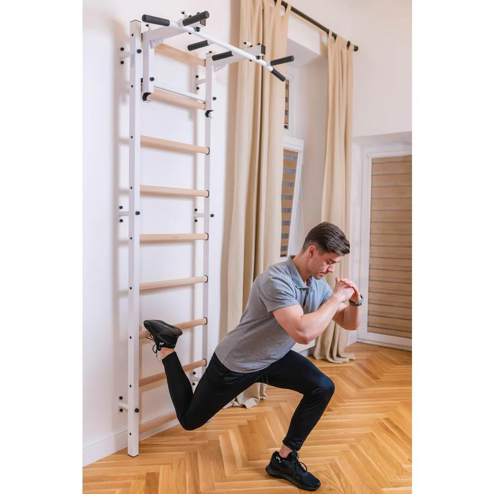 BenchK 733 White Wall bars with convertible steel 6-grip pull-up bar that can also be used as a barbell holder, dip bar with back support and advanced workout bench