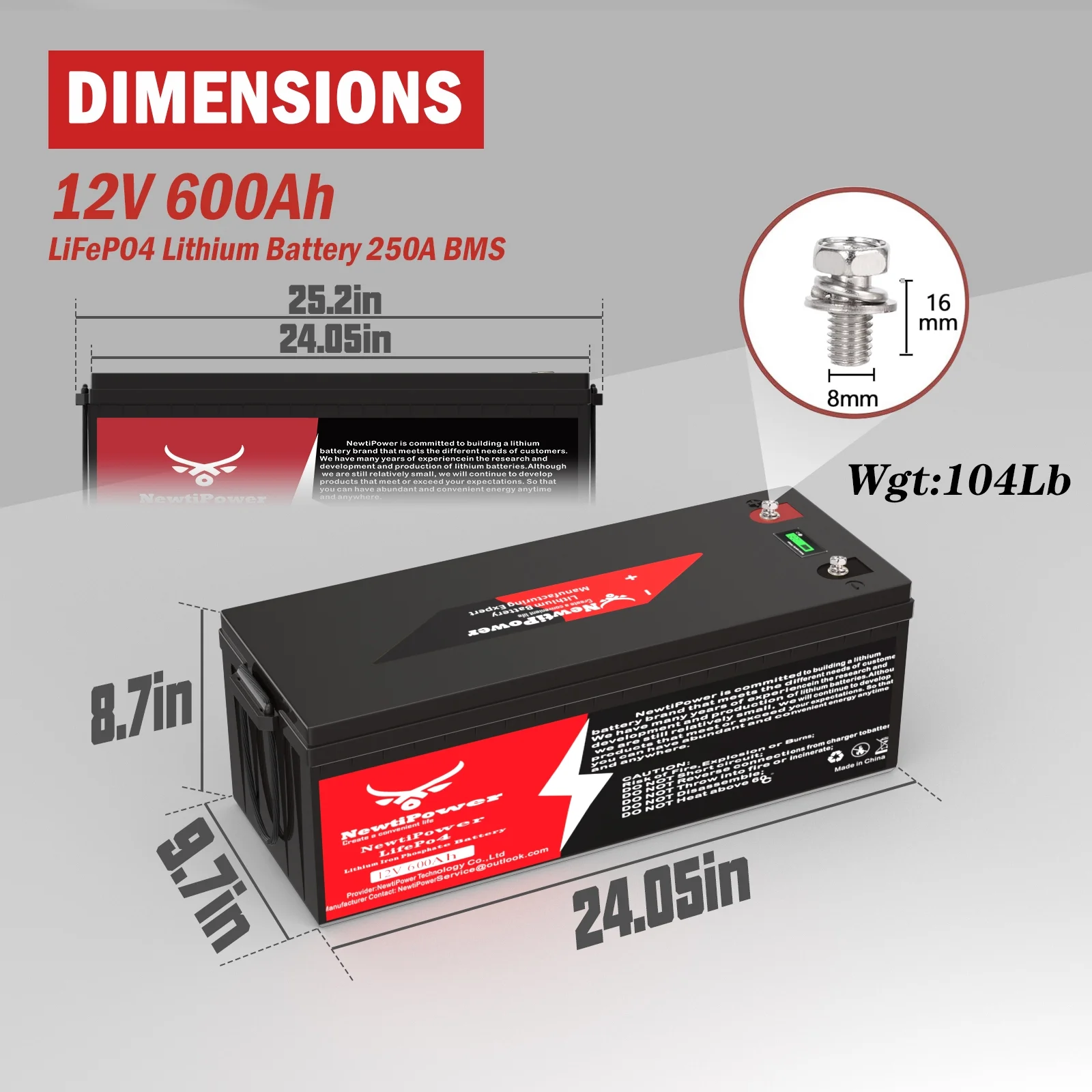NewtiPower 12V 600Ah LiFePO4 Lithium Battery,250A BMS,10000+ Cycle for RV and Power Storage