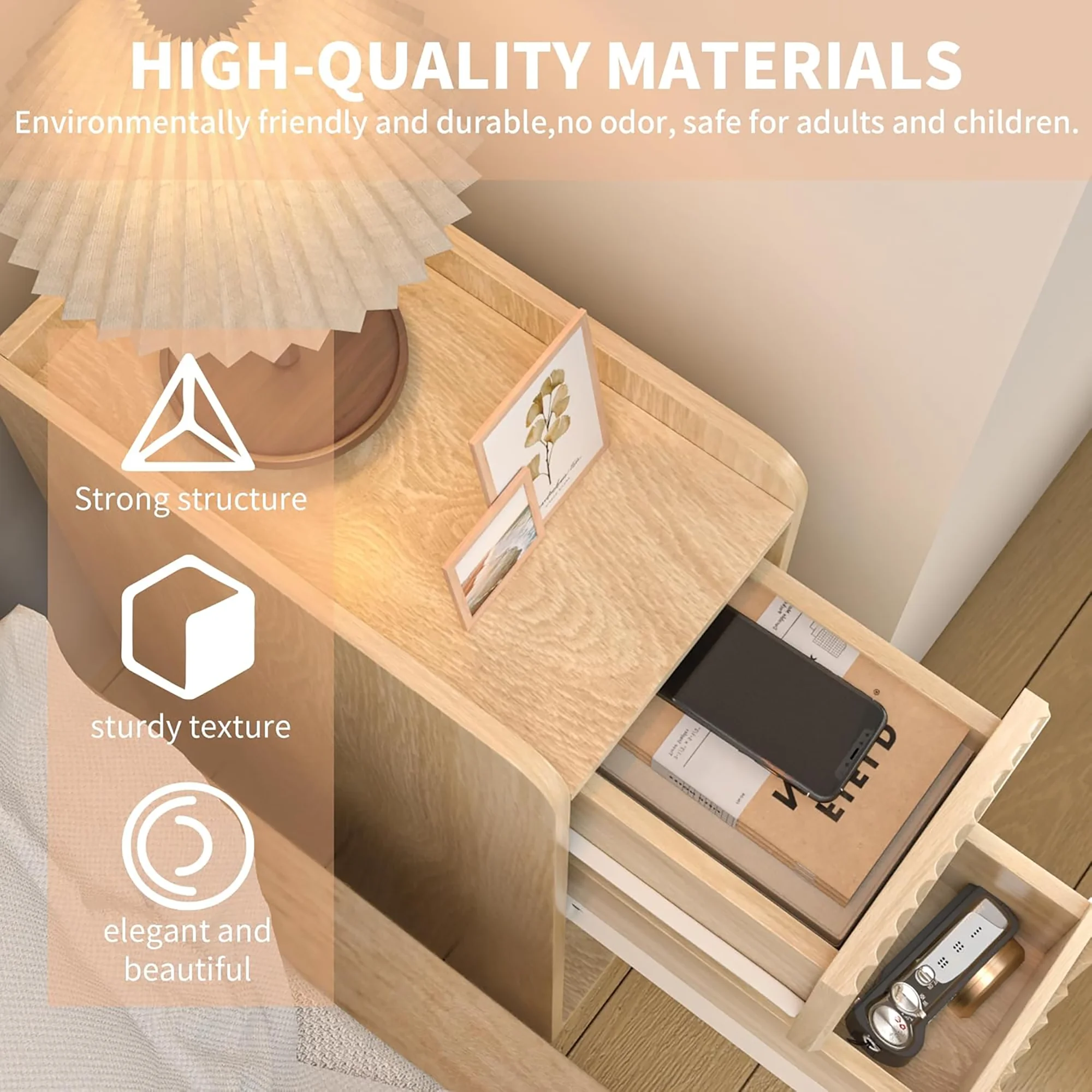 Narrow Nightstand Set of 2 with Drawers, Fluted Slim Side End Table with Storage for Small Spaces