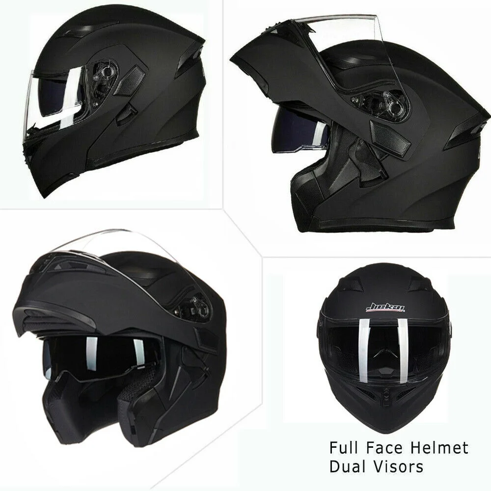 New DOT Helmet Full Face Motorcycle Street Bike Dual Visor Flip up Modular Black XL Size With Wireless Headset Earphone