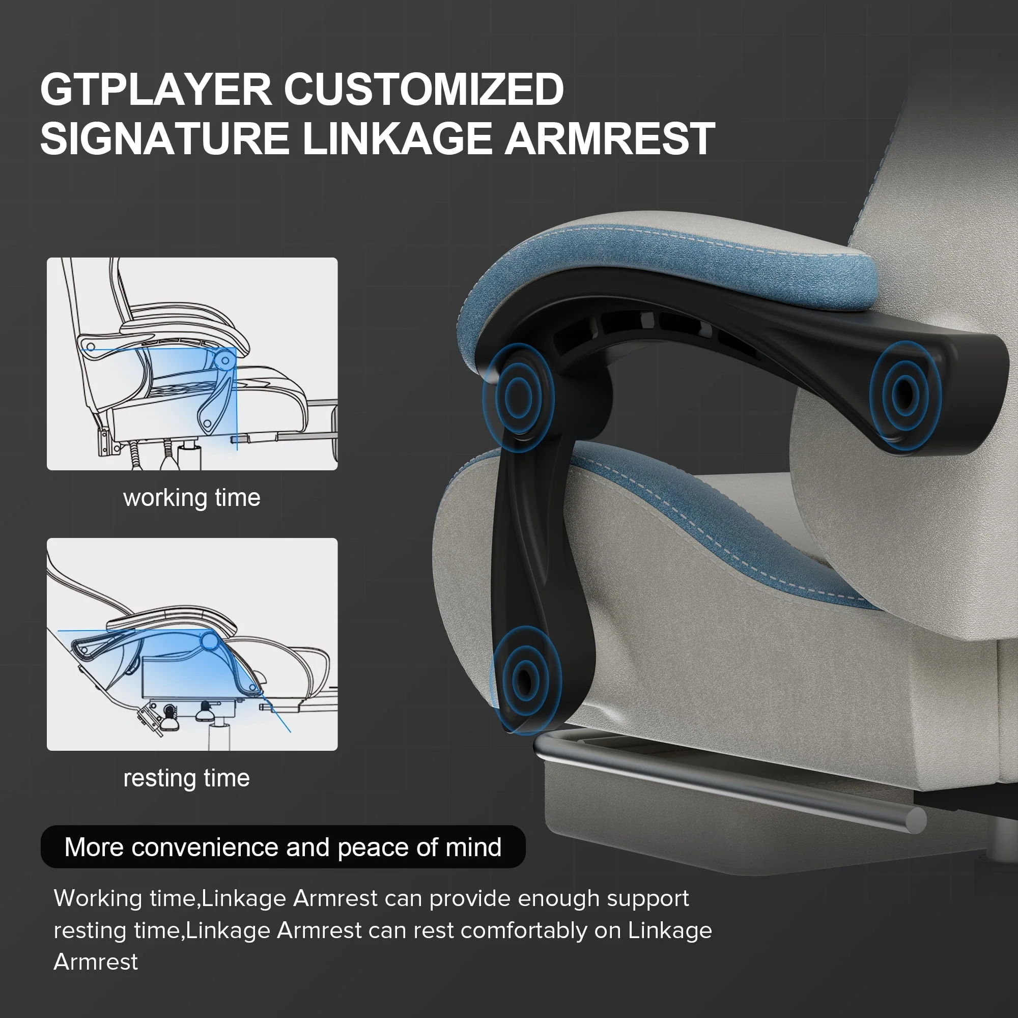 GTRACING Ergonimic Fabric Reclining Gaming Chair with Footrest and Linkage Armrests, Gray