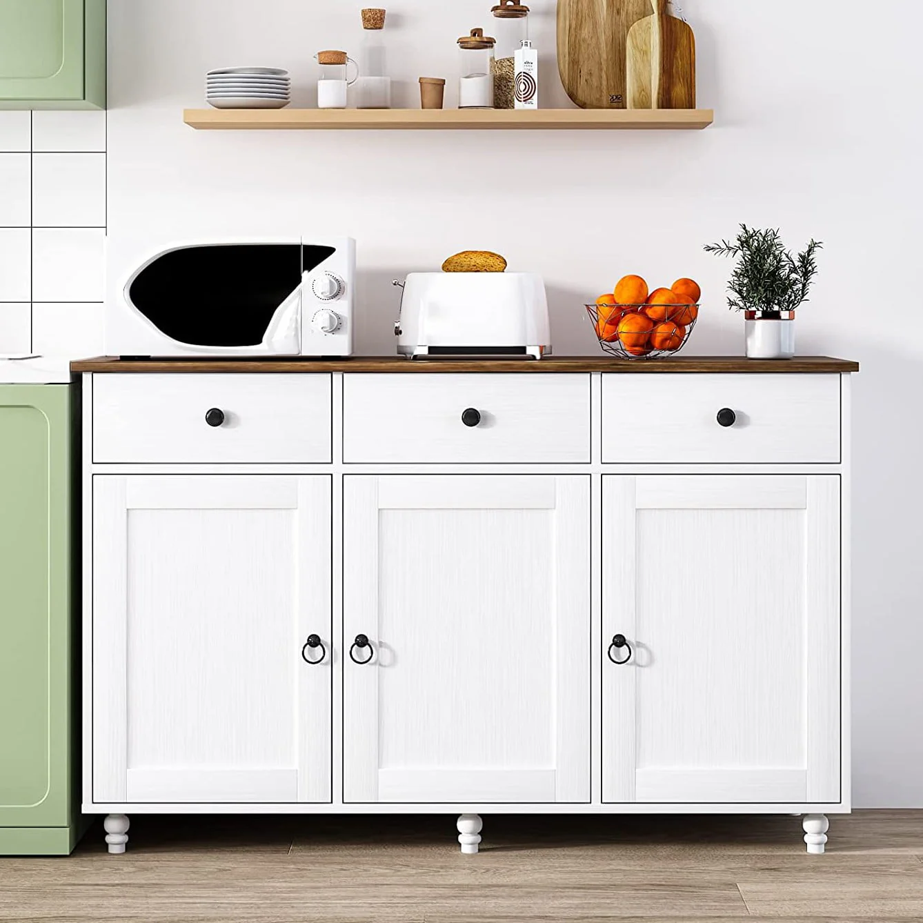 Catrimown Sideboard Buffet Cabinet, Mid-Century Kitchen Storage Cabinet with 3 Drawers & 3 Doors, Coffee Bar Cabinet with 3 Adjustable Shelves, White