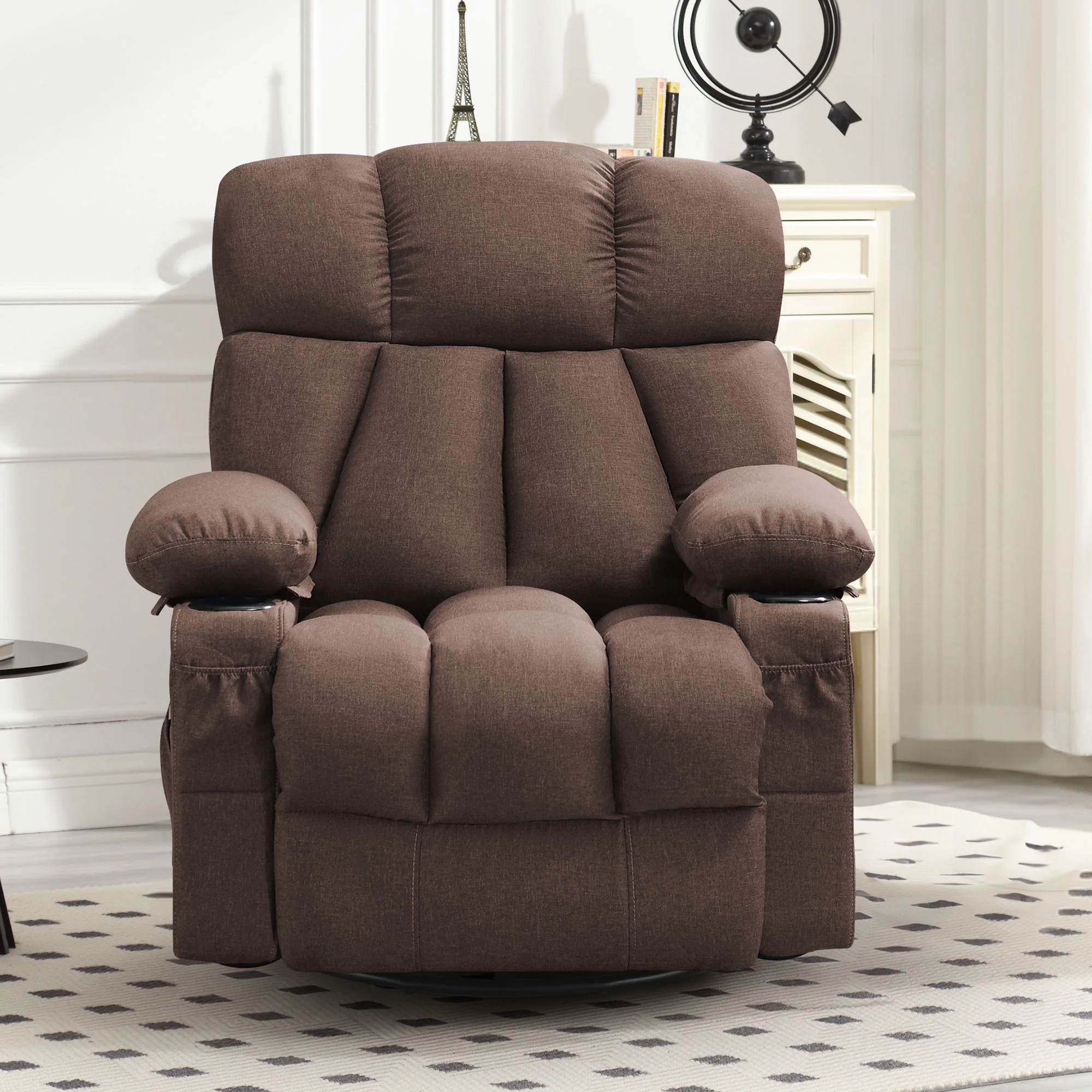 JONPONY Manual Recliner Chair with Heat Therapy and Massage Function, Heavy Duty Reclining Mechanism Massage Chair, Elderly Single Rocker Sofa with Cup Holders for Bedroom Home Theater,Grey