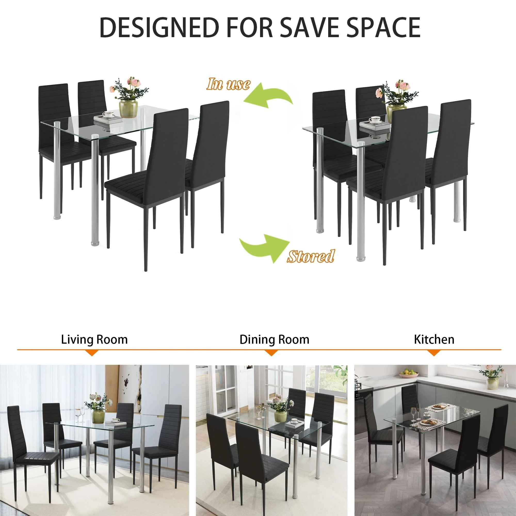 uhomepro White Kitchen Table Set, 5 Pieces Dining Table Set, Tempered Glass Dining Table and Chairs Set for 4, Upgraded Iron Dining Room Table Set with 4 PU Leather Chairs