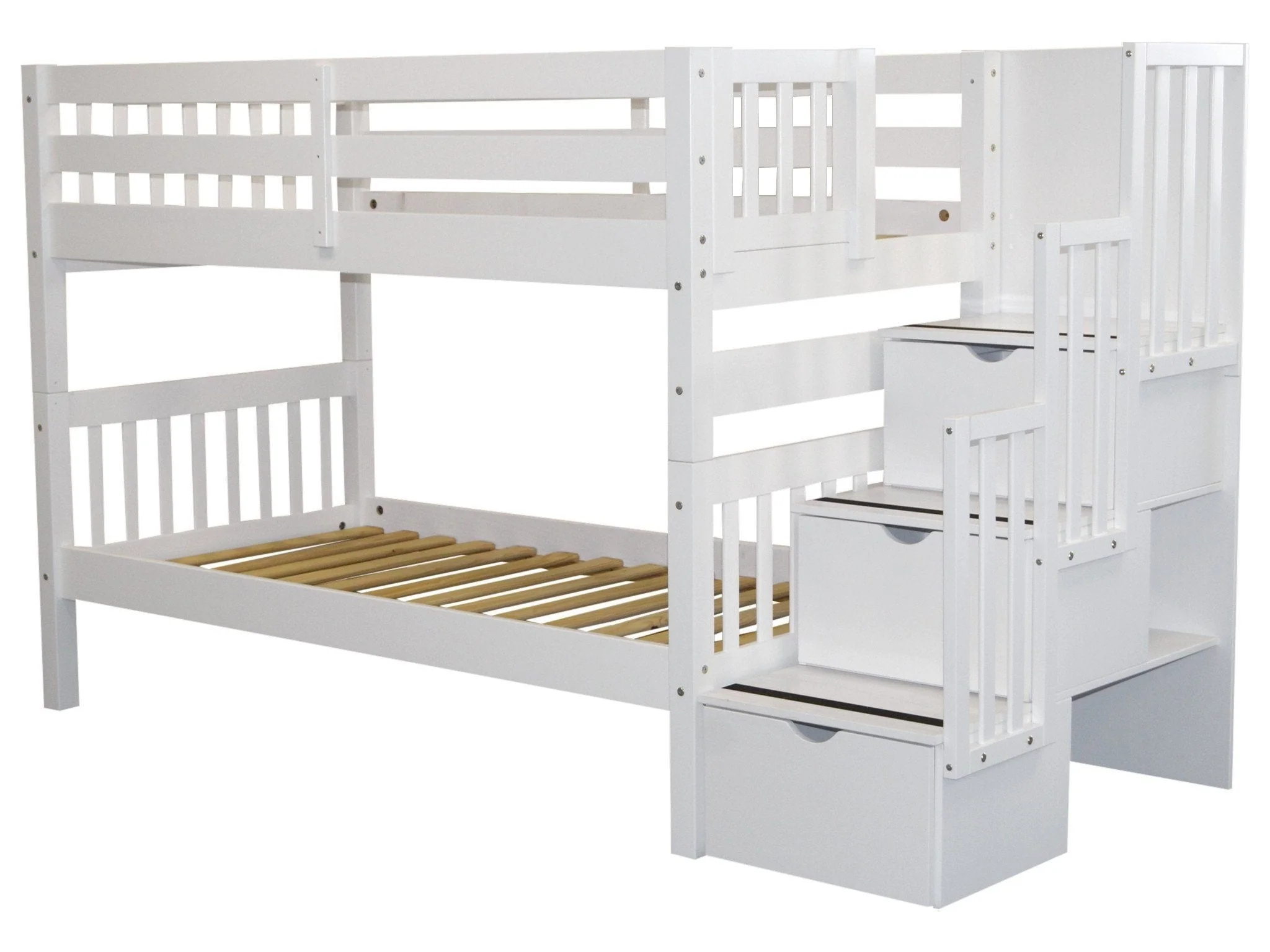 Bedz King Stairway Bunk Beds Twin over Twin with 3 Drawers in the Steps, White