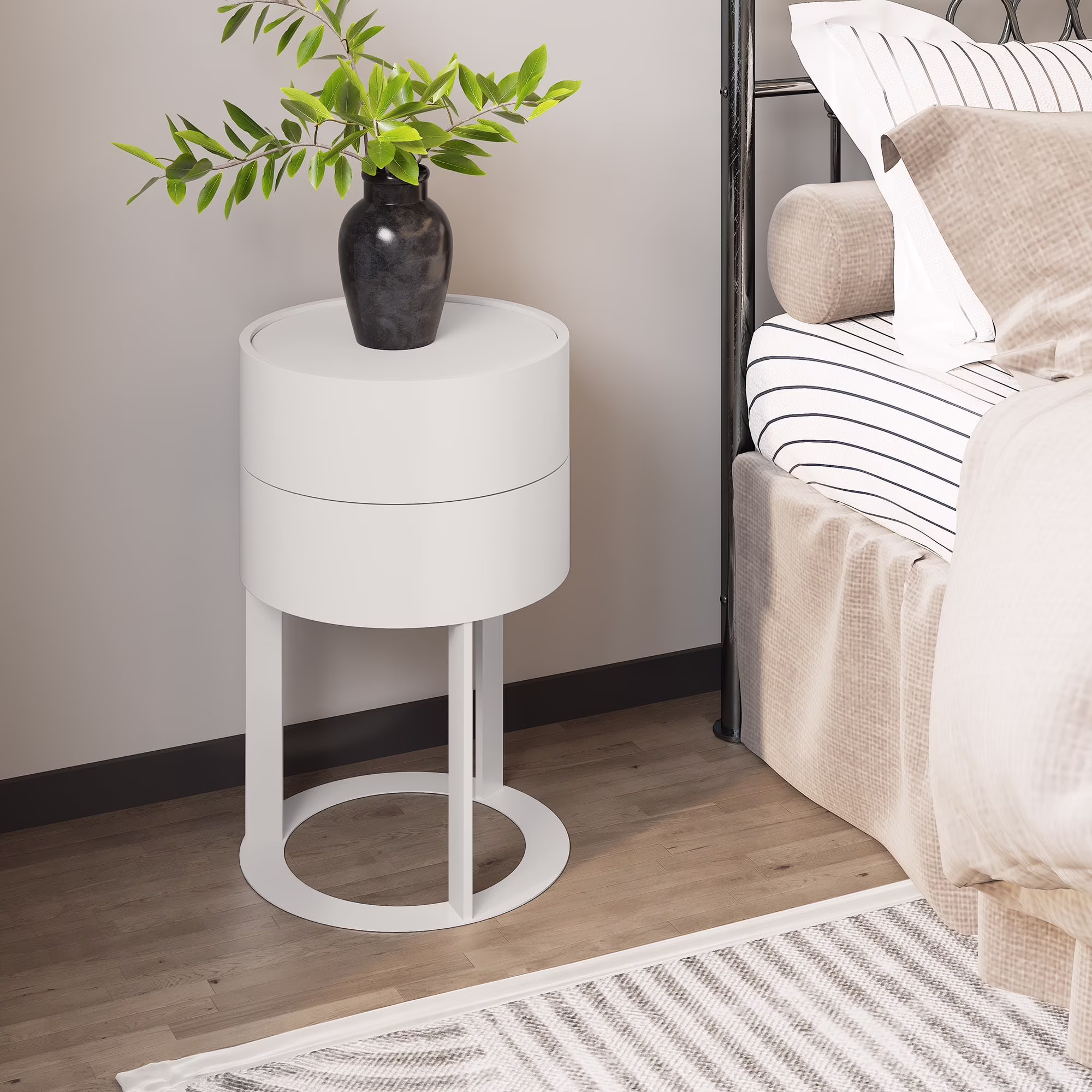 HLR Modern Round Wood Nightstand with Drawer, 2-Tier End Table for Living Room, Bedroom, Black