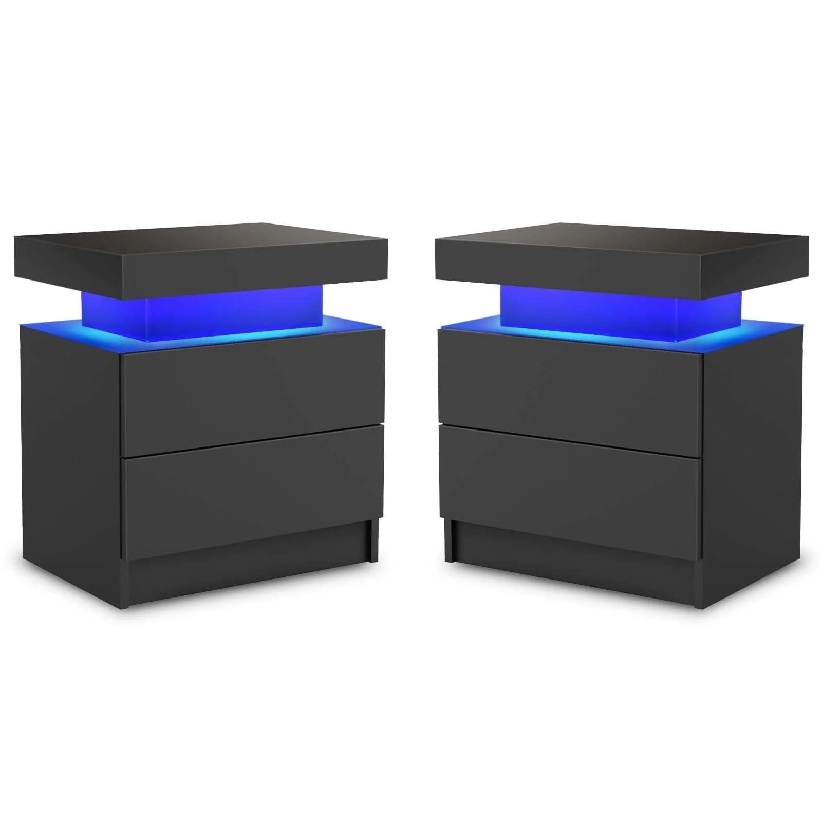 LED Nightstand Set of 2, Modern Bedside Table with 2 Drawers Storage Space, Adjustable Colors LED Light, Black