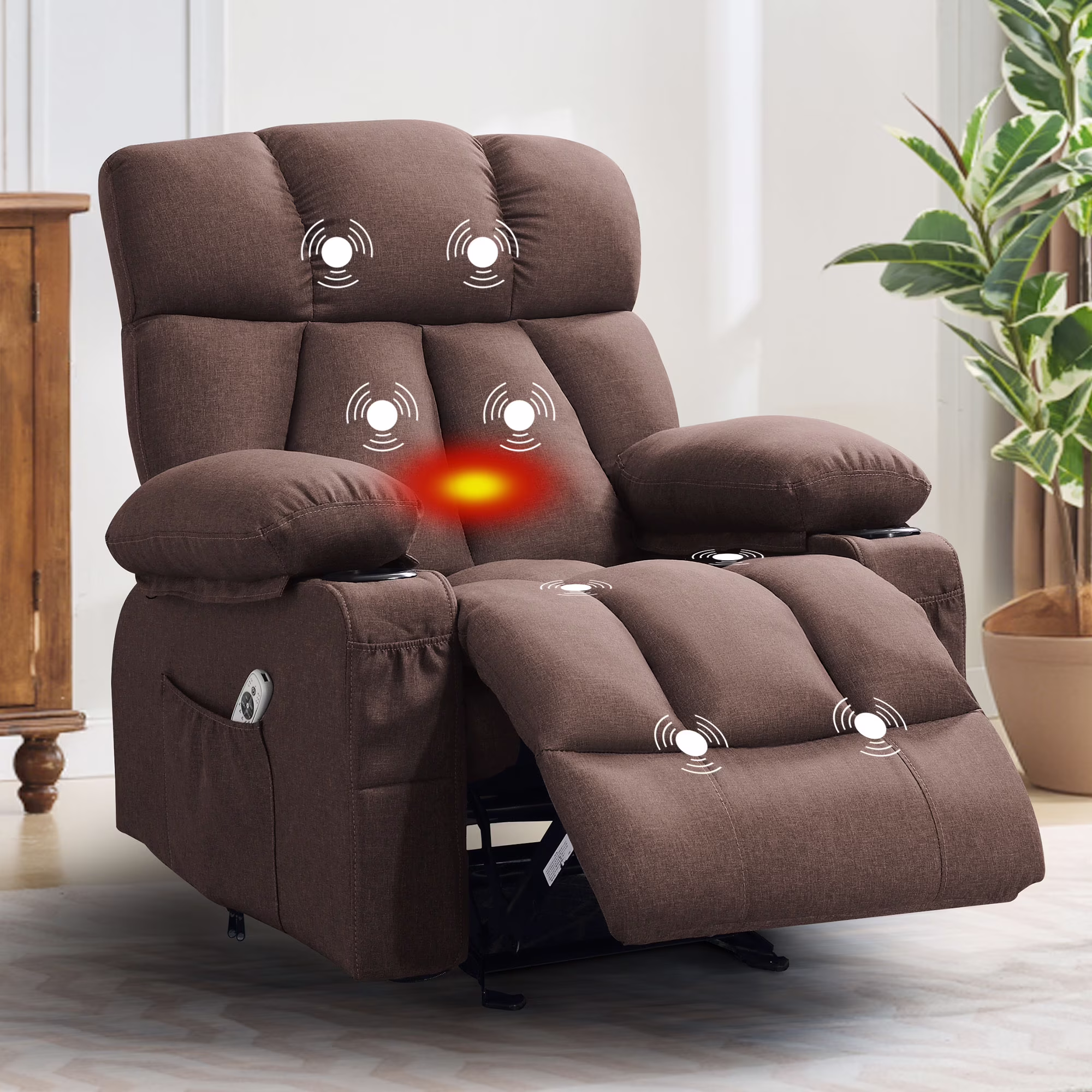 JONPONY Manual Recliner Chair with Heat Therapy and Massage Function, Heavy Duty Reclining Mechanism Massage Chair, Elderly Single Rocker Sofa with Cup Holders for Bedroom Home Theater,Grey