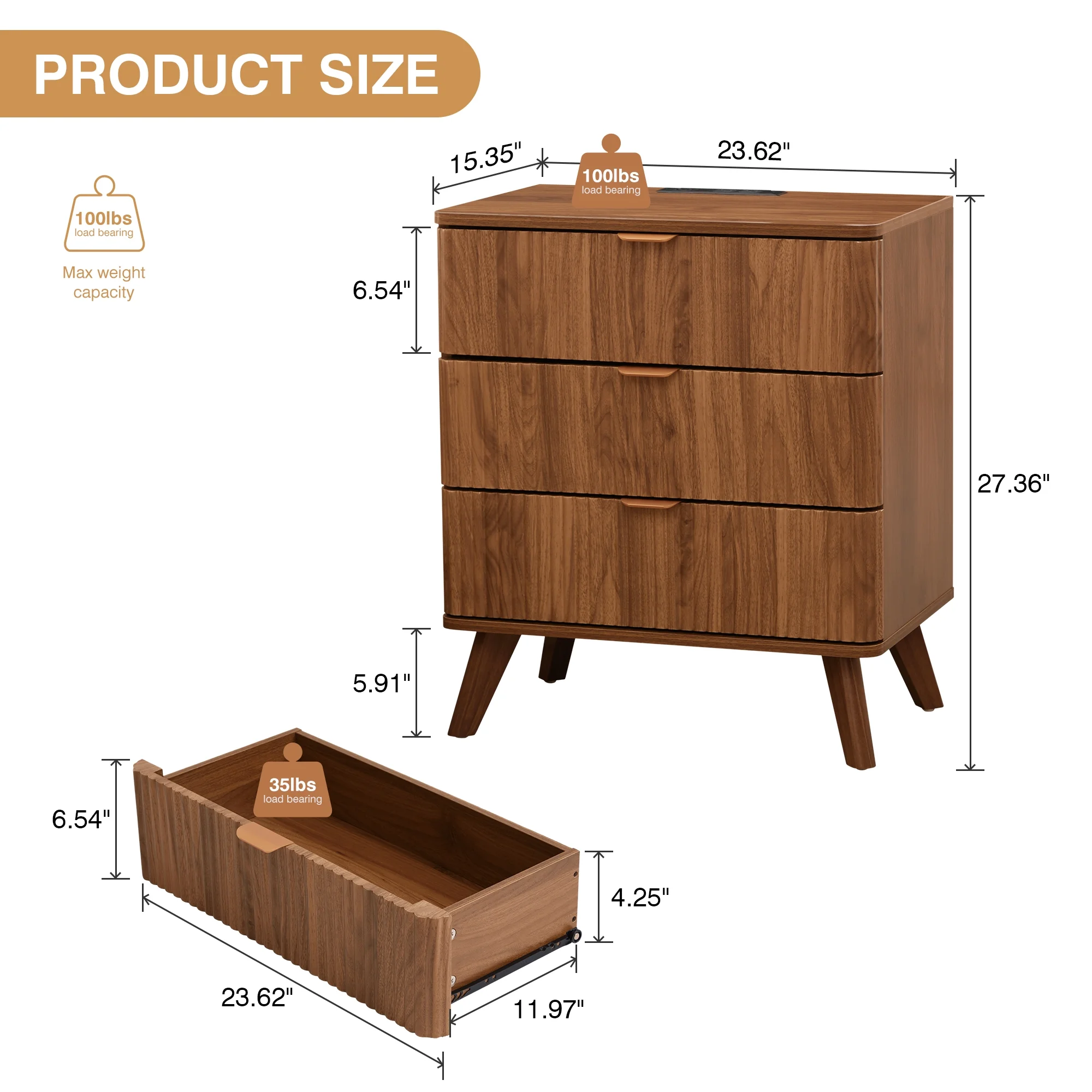 YOCWO Fluted Nightstand for Bedroom Set of 2 , Wood Bedside Table Set of 2 with Drawers, Black