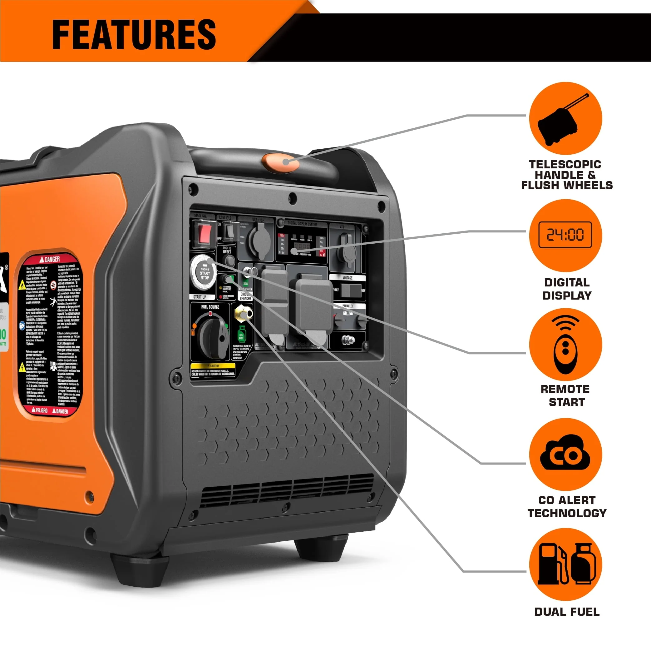Genmax Dual Fuel Portable Inverter Generator, 7250W Super Quiet Gas Propane Powered with Remote/Electric Start, Ideal for Home Backup Power, CARB Compliant (GM7250iEDC)