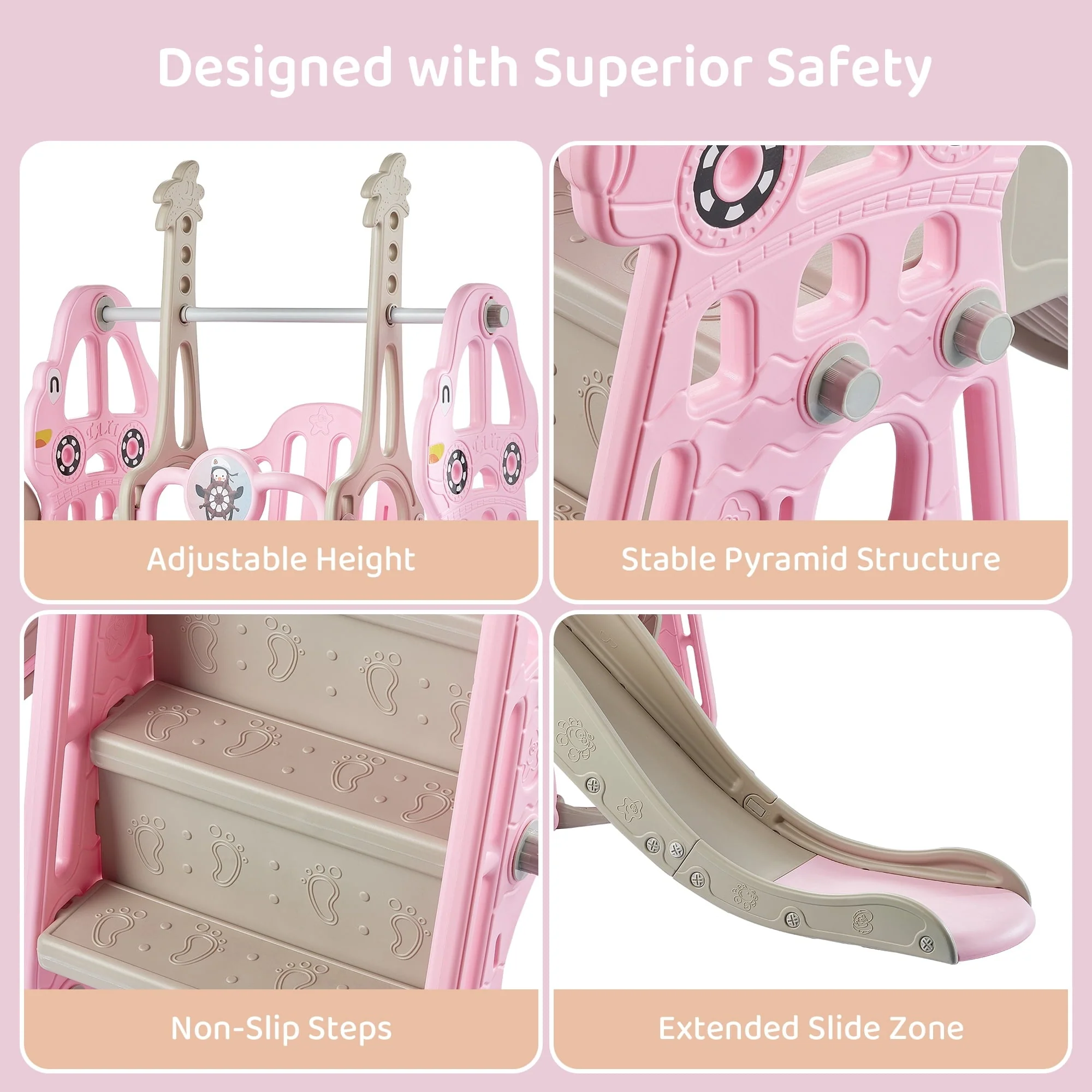 DUKE BABY 4-in-1 Kids Swing and Slide Set for Toddler Age 1-6, Extra Large Baby Indoor Outdoor Activity Playground with Basketball Hoop and Climber – Pink