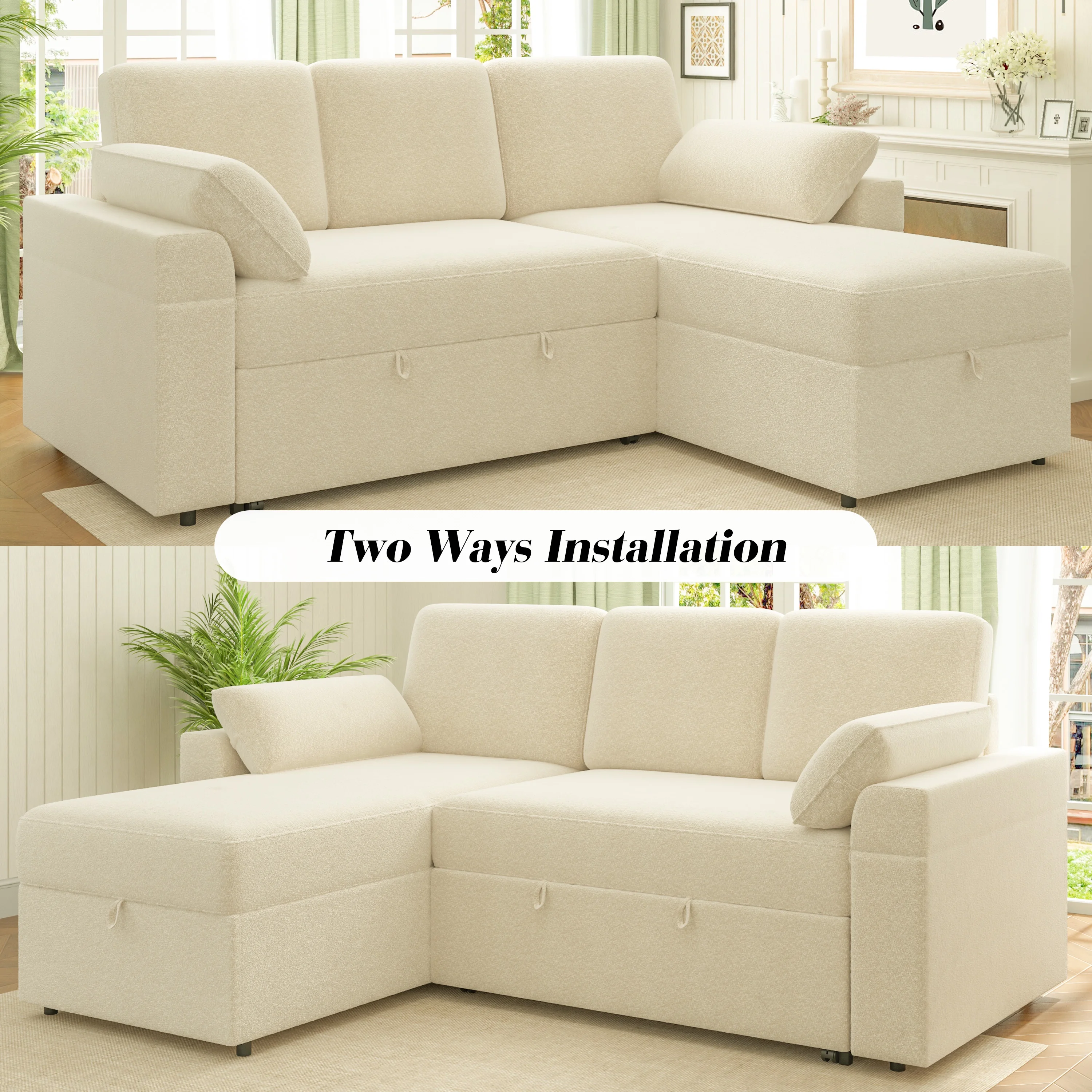 VANACC Sofa Bed, Adult Sleeper Sofa with Storage Chaise, Pull Out Couch for Bed Room, Gray Chenille