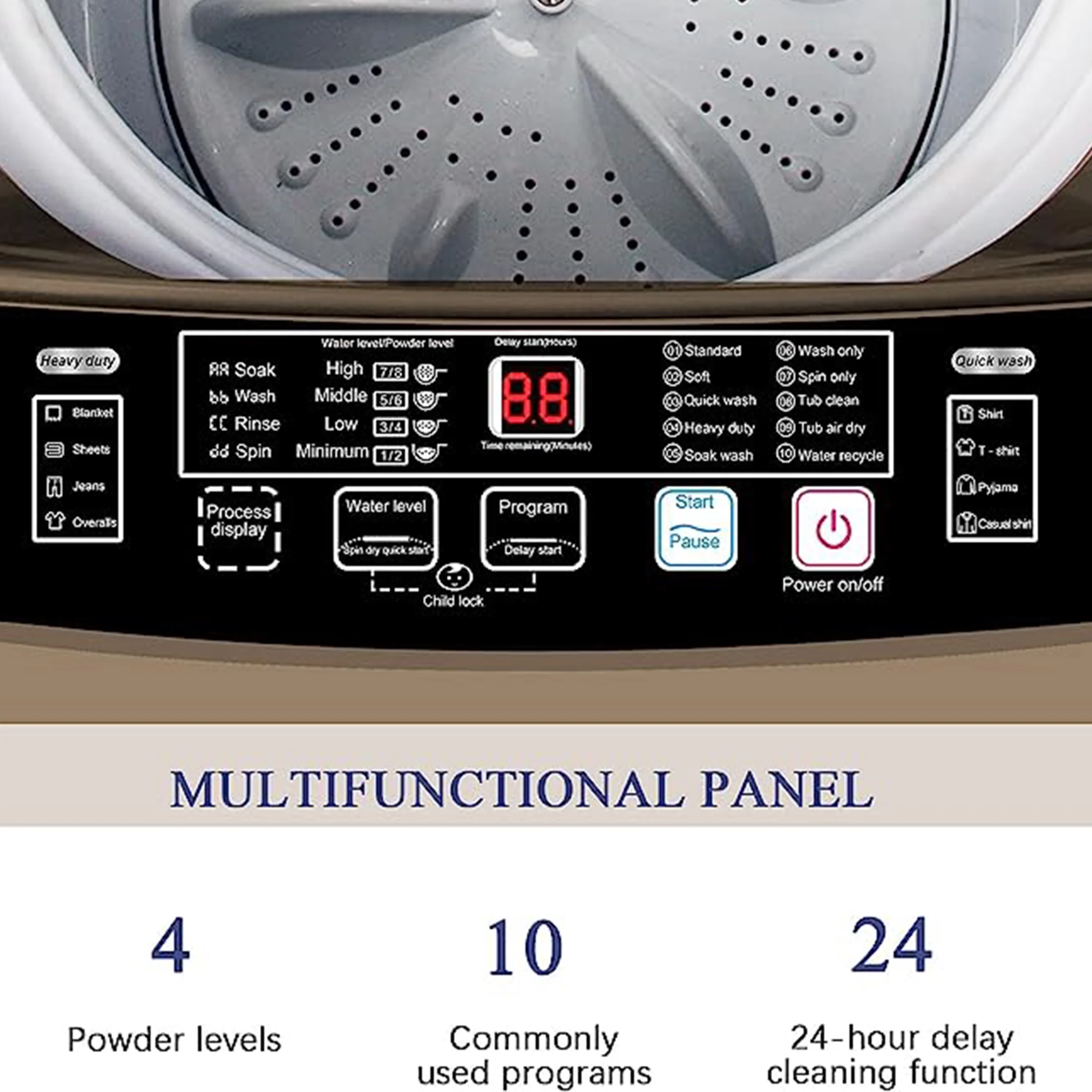 Full-Automatic Washing Machine, Portable Laundry Washer, Compact 17.7 lbs, LED Display, Drain Pump, 10 Wash Programs 8 Water Levels